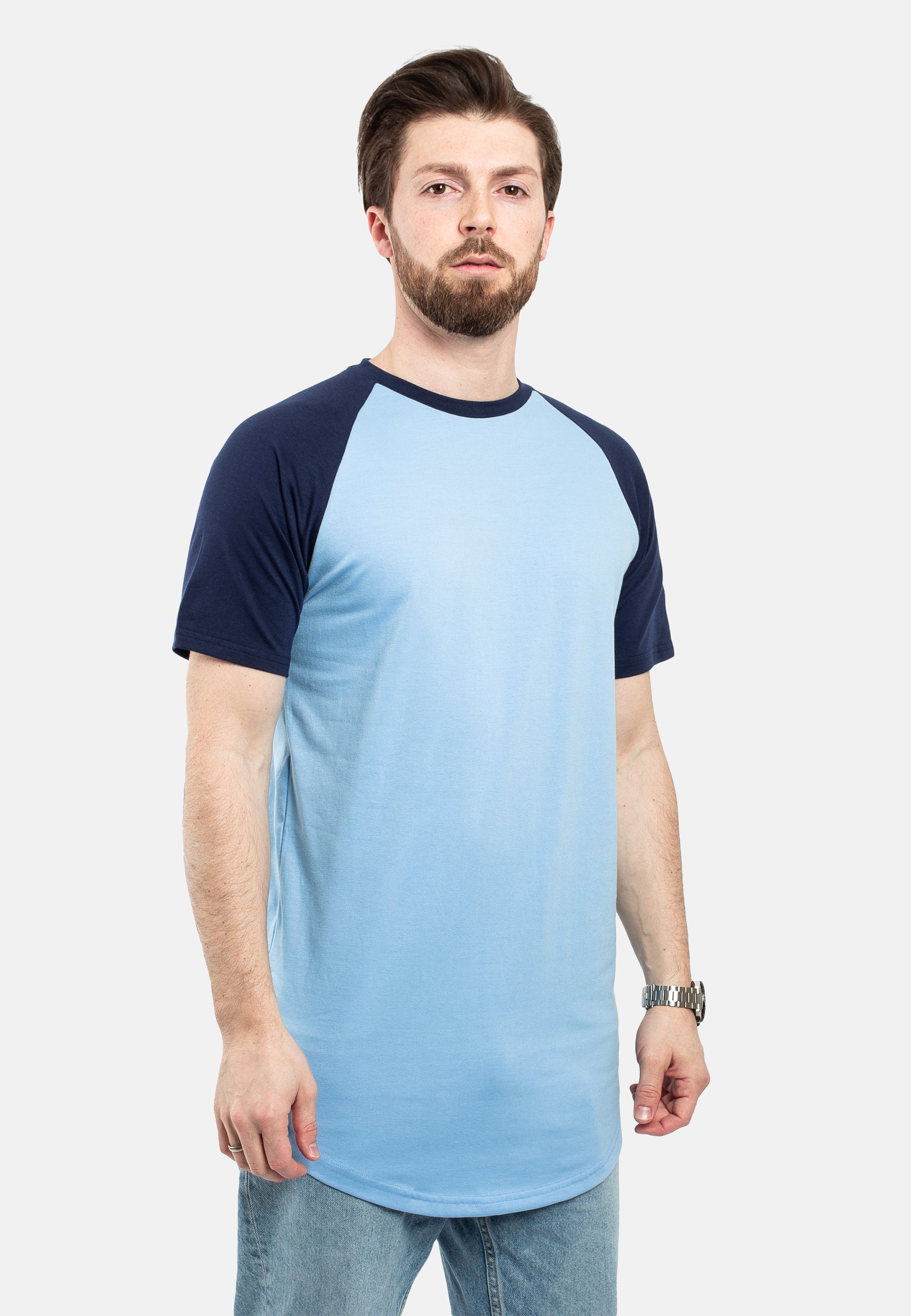 Blackskies-Round-Longline-Baseball-Short-Sleeve-T-Shirt-Sky-Blue-Navy-Blue-Curved-Side