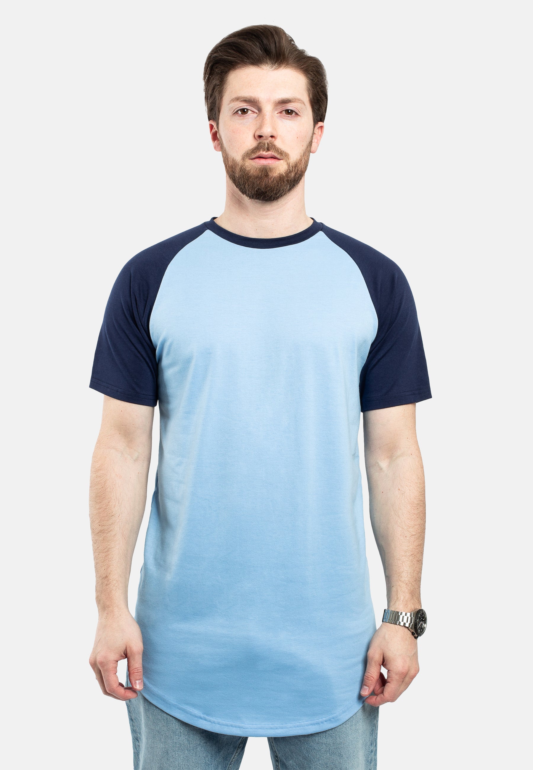 Blackskies-Round-Longline-Baseball-Short-Sleeve-T-Shirt-Sky-Blue-Navy-Blue-Front-Longshirt