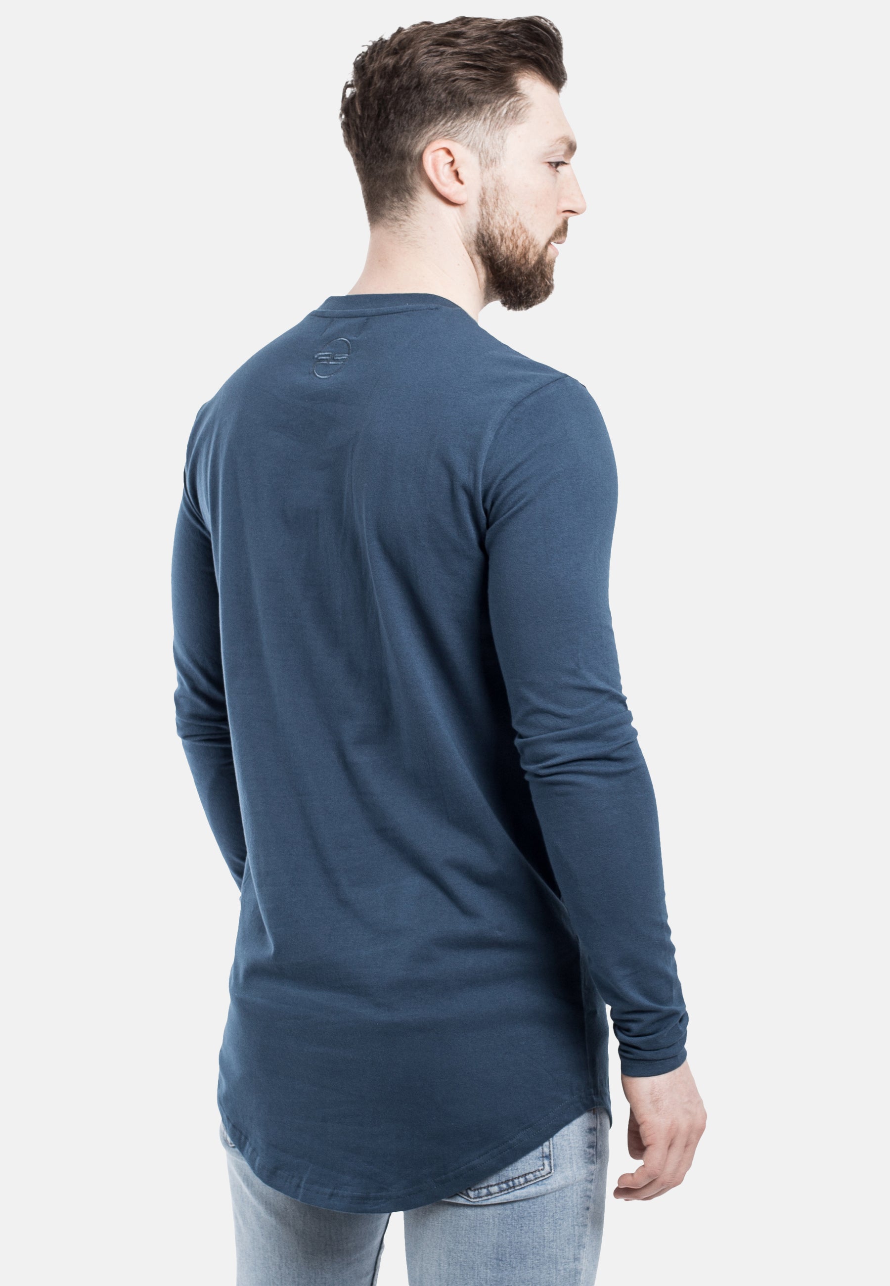 Blackskies-Round-Longline-Long-Sleeve-T-Shirt-Blue-Curved-Side