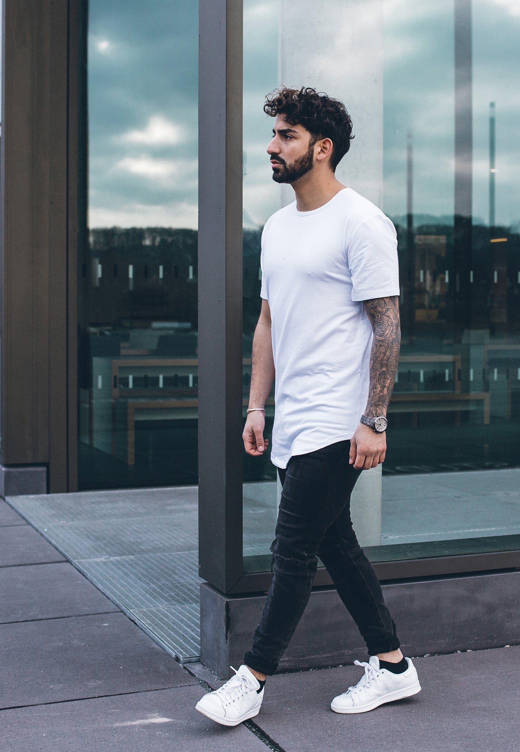 Blackskies-Round-Longline-Round-T-Shirt-White-Model-Outdoor-2