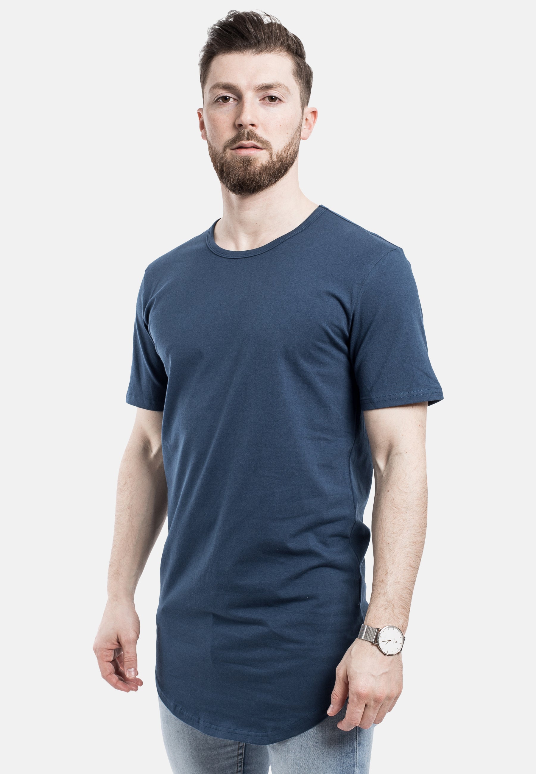 Blackskies-Round-Longline-T-Shirt-Blue-Curved-Hem-Side