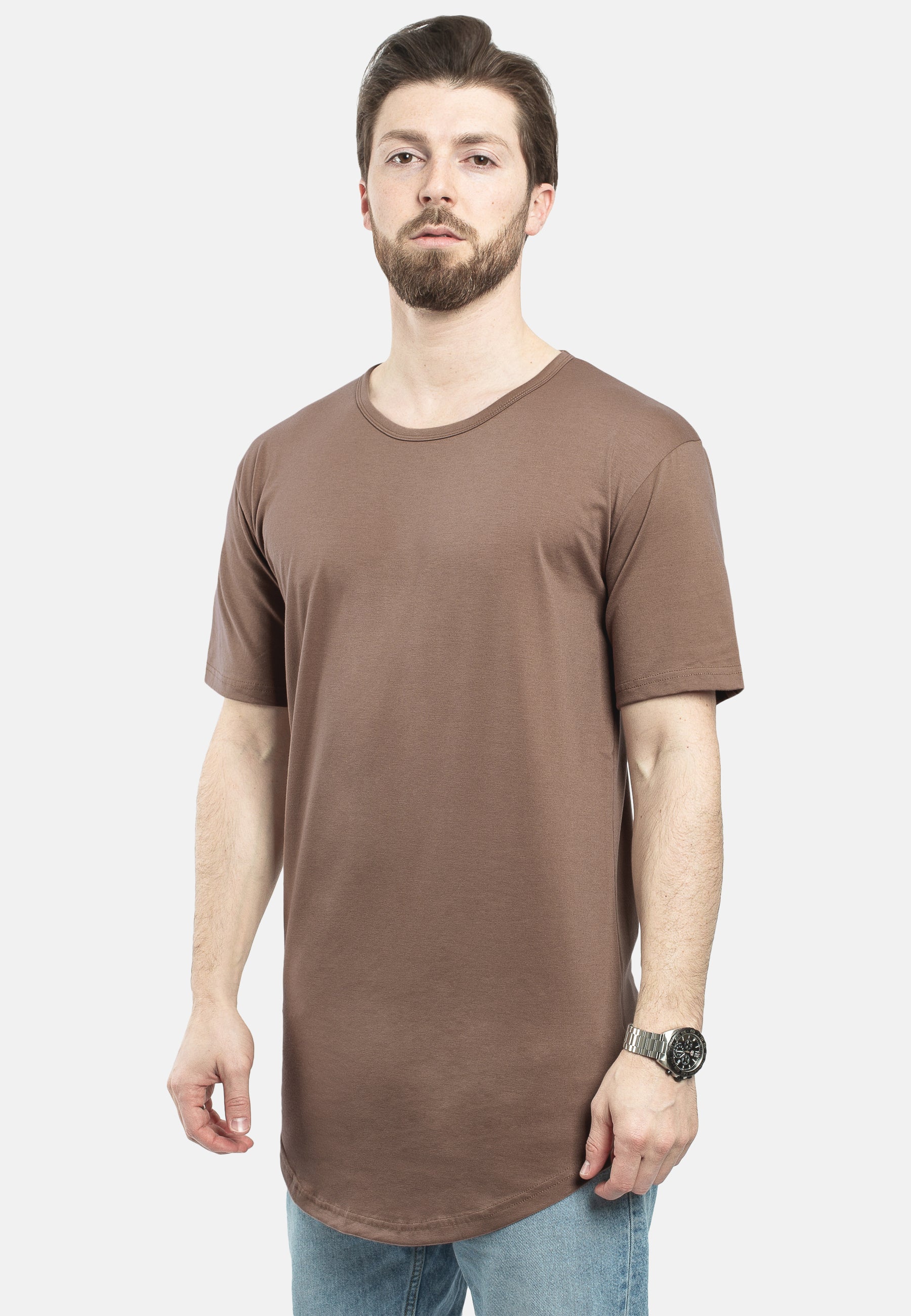 Blackskies-Round-Longline-T-Shirt-Brown-Side-Curved