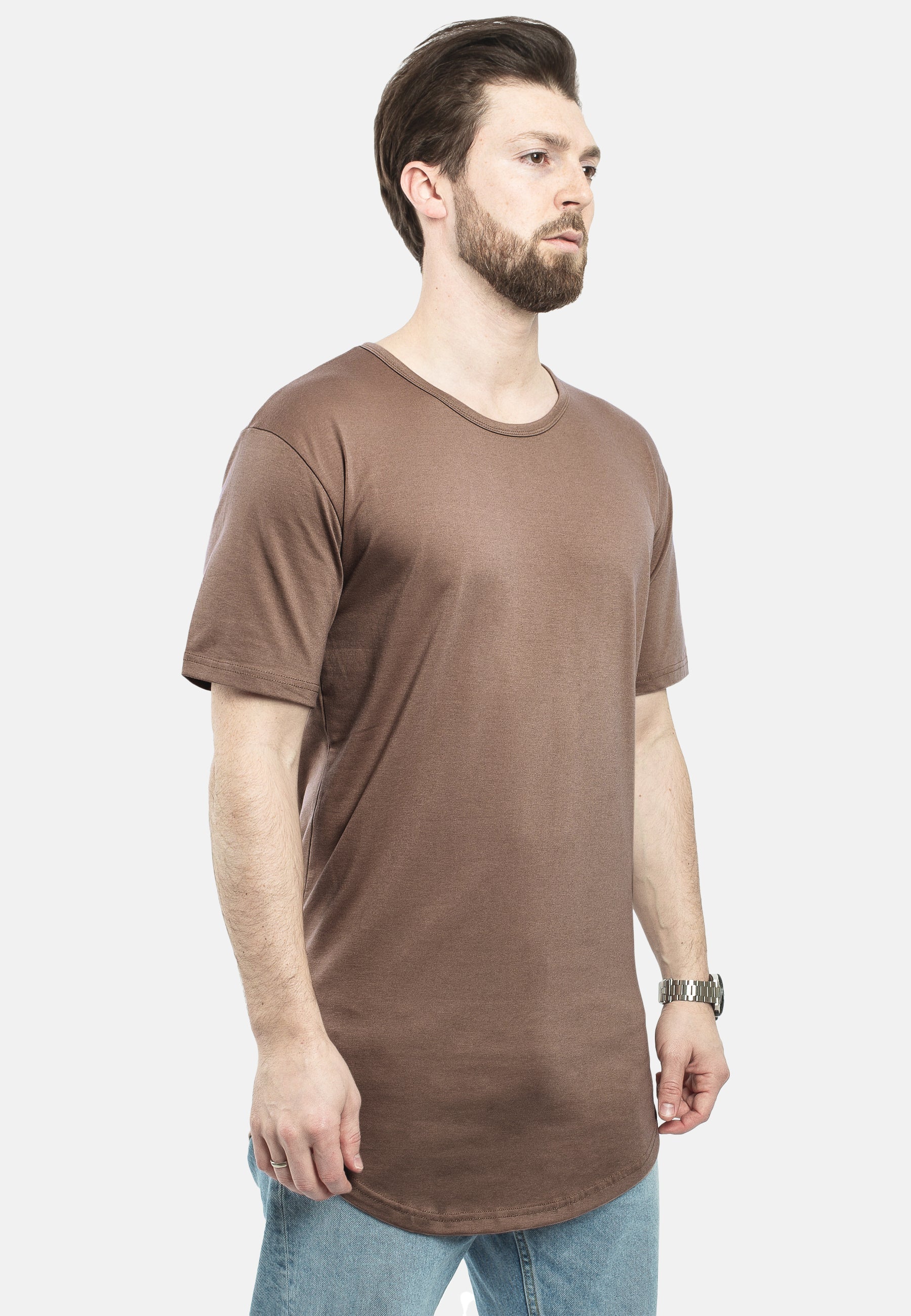 Blackskies-Round-Longline-T-Shirt-Brown-Side-Mens-Curved-Tee