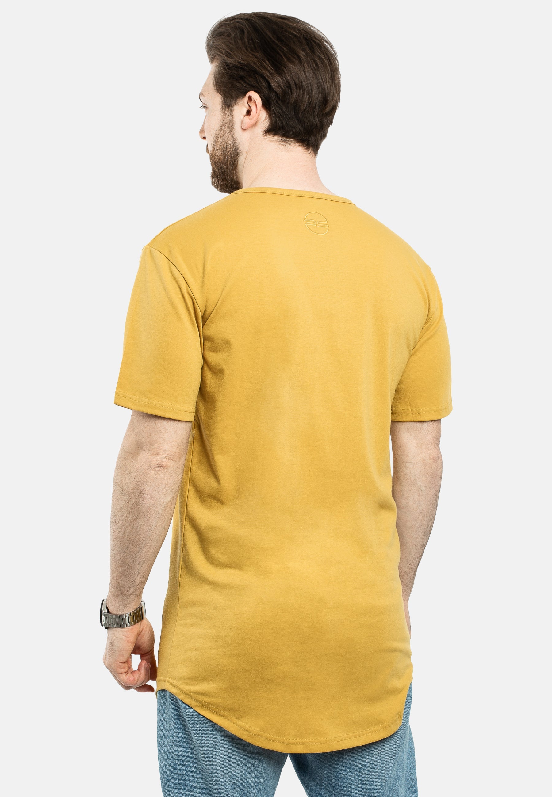 Blackskies-Round-Longline-T-Shirt-Mustard-Mens-Curved-Tee-Back
