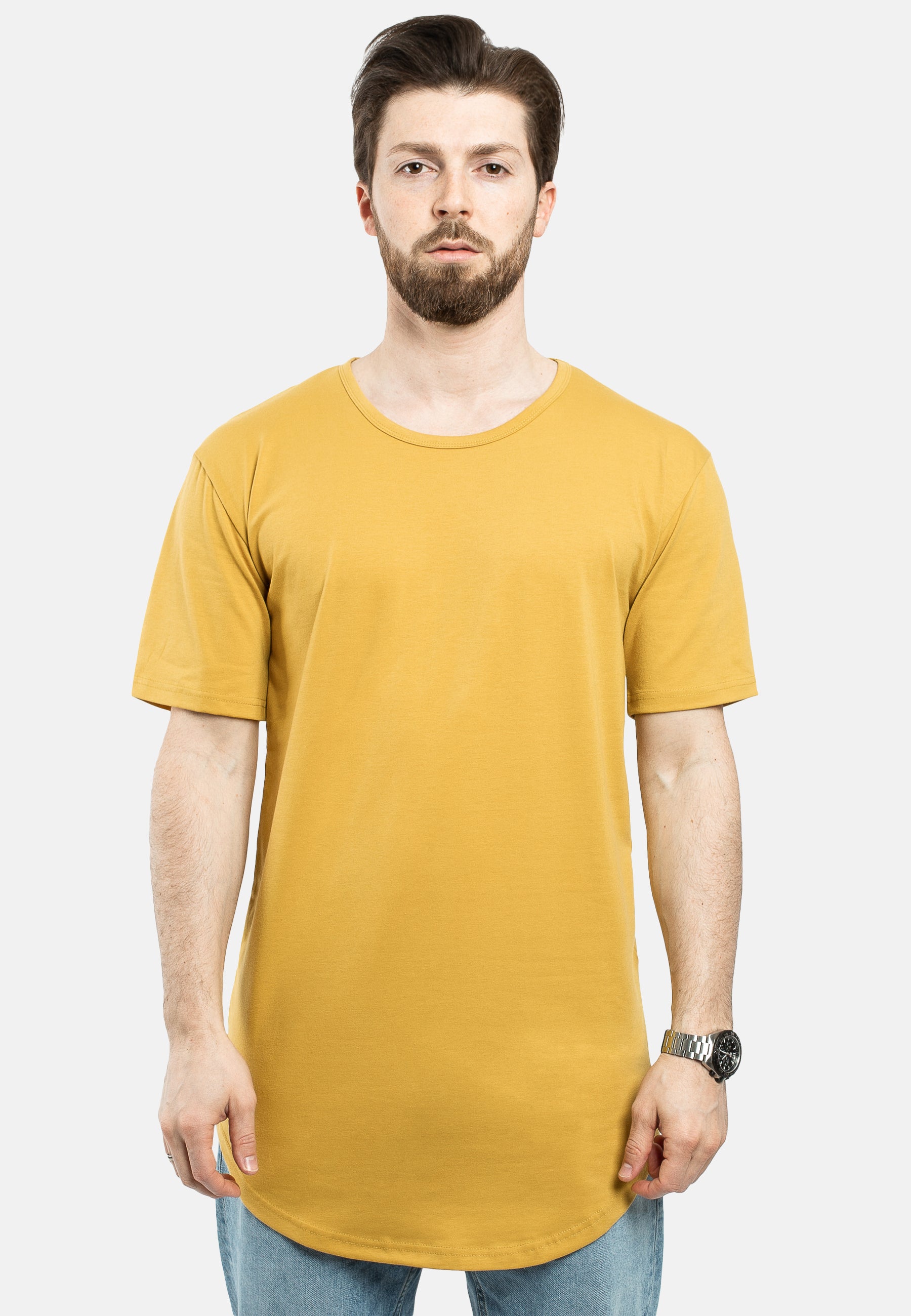 Blackskies-Round-Longline-T-Shirt-Mustard-Mens-Curved-Tee-Front