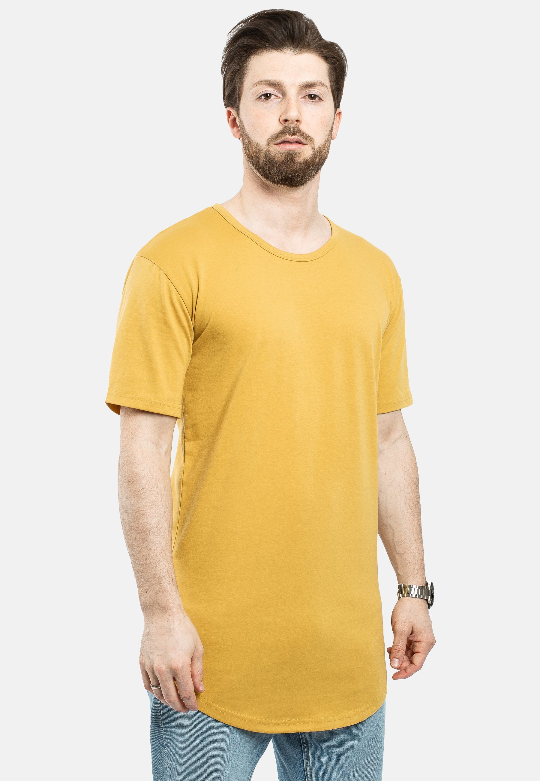 Blackskies-Round-Longline-T-Shirt-Mustard-Mens-Curved-TeeSide