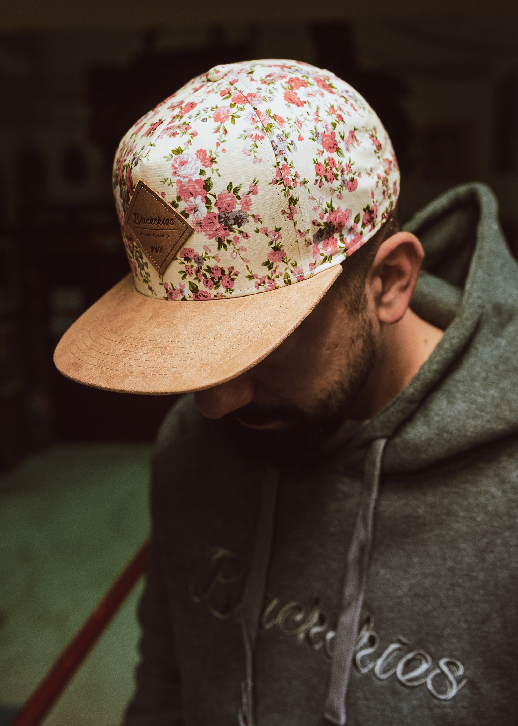 Blackskies-Sakura-Snapback-Cap-Floral-Cherry-Blossom-Suede-Brim-Model
