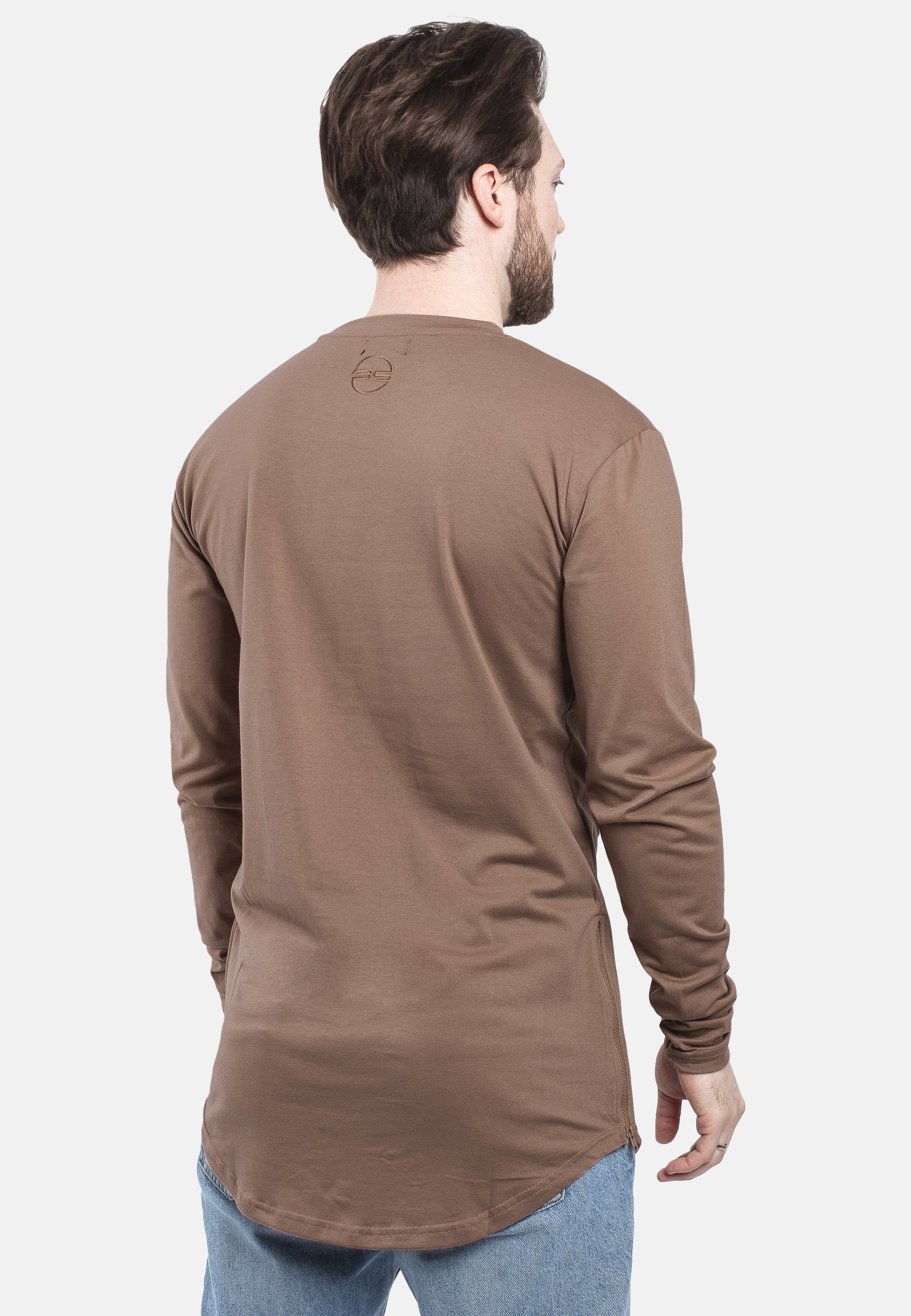 Blackskies-Side-Zip-Long-Sleeve-Longline-T-Shirt-Brown-Long-Tee-Mens-Back-Curved
