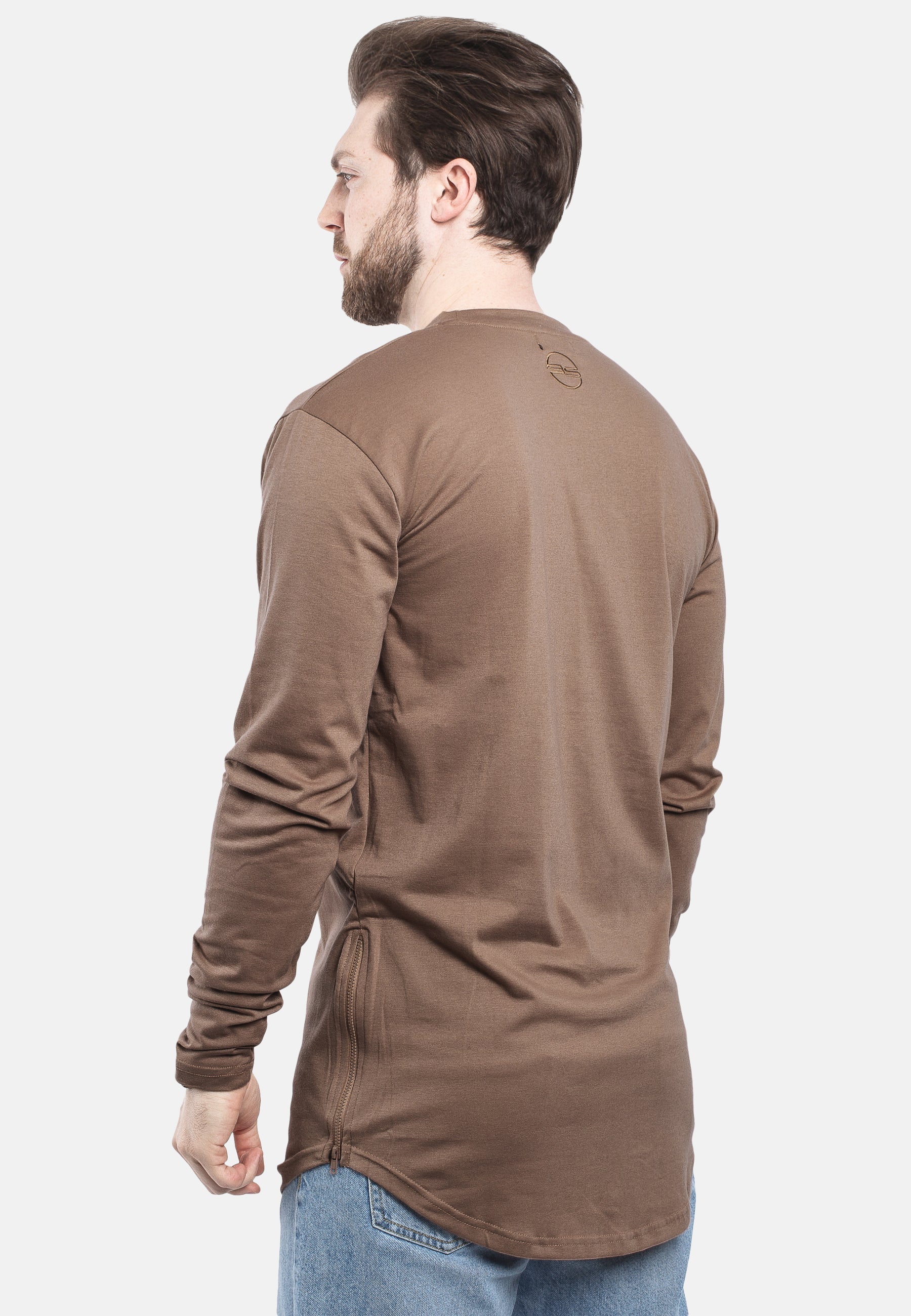 Blackskies-Side-Zip-Long-Sleeve-Longline-T-Shirt-Brown-Long-Tee-Mens-Back