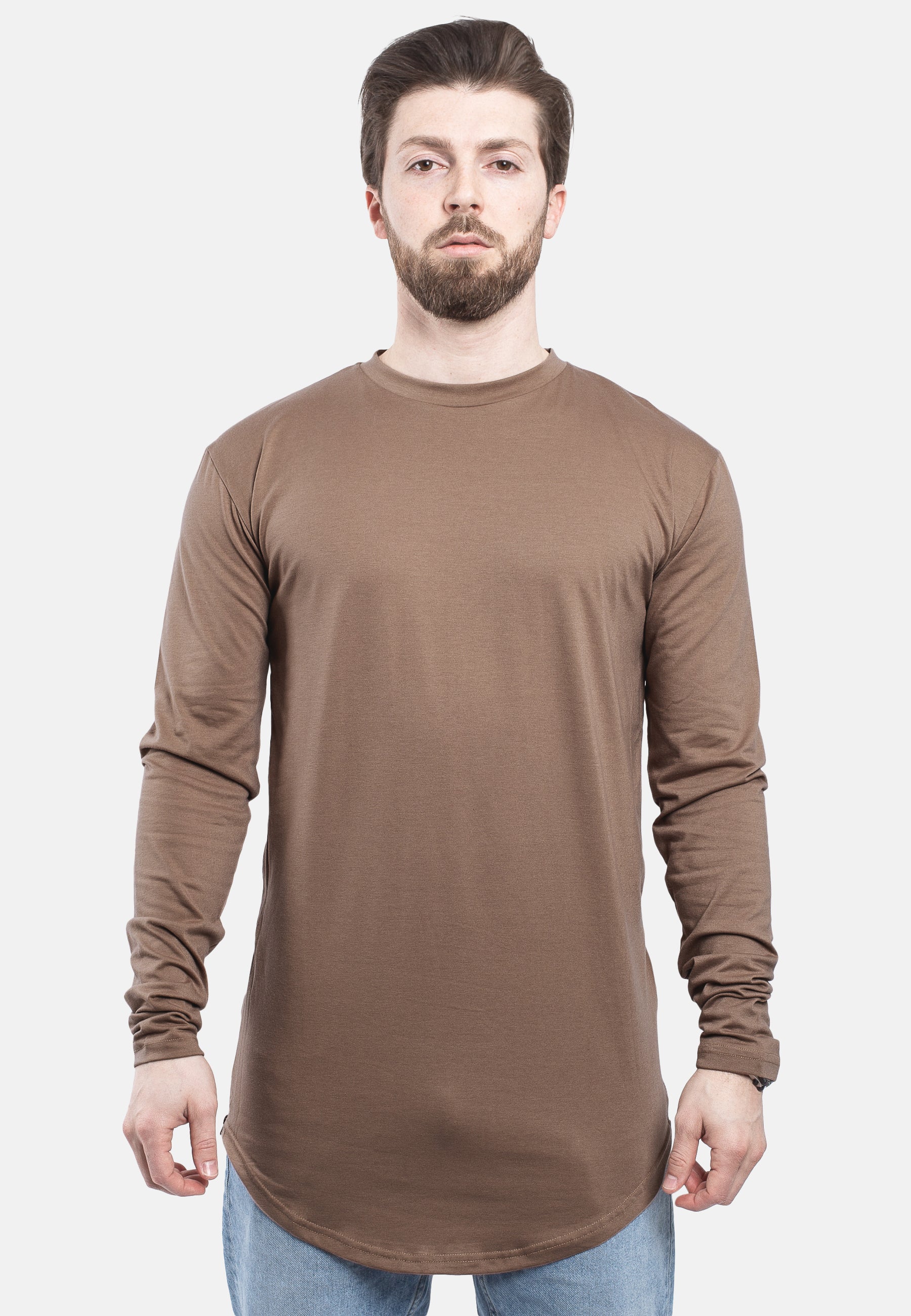 Blackskies-Side-Zip-Long-Sleeve-Longline-T-Shirt-Brown-Long-Tee-Mens-Front