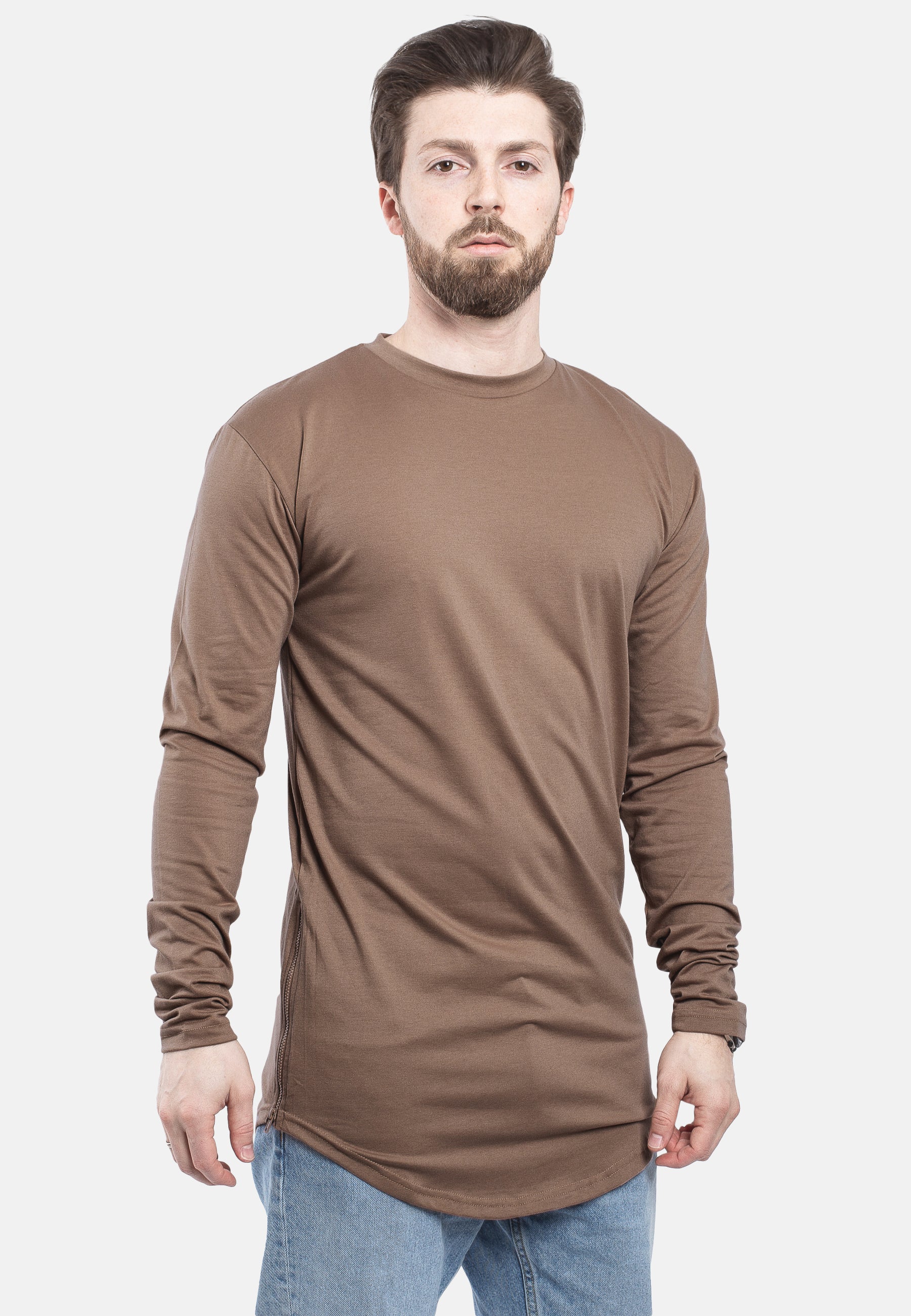 Blackskies-Side-Zip-Long-Sleeve-Longline-T-Shirt-Brown-Long-Tee-Mens-Pose