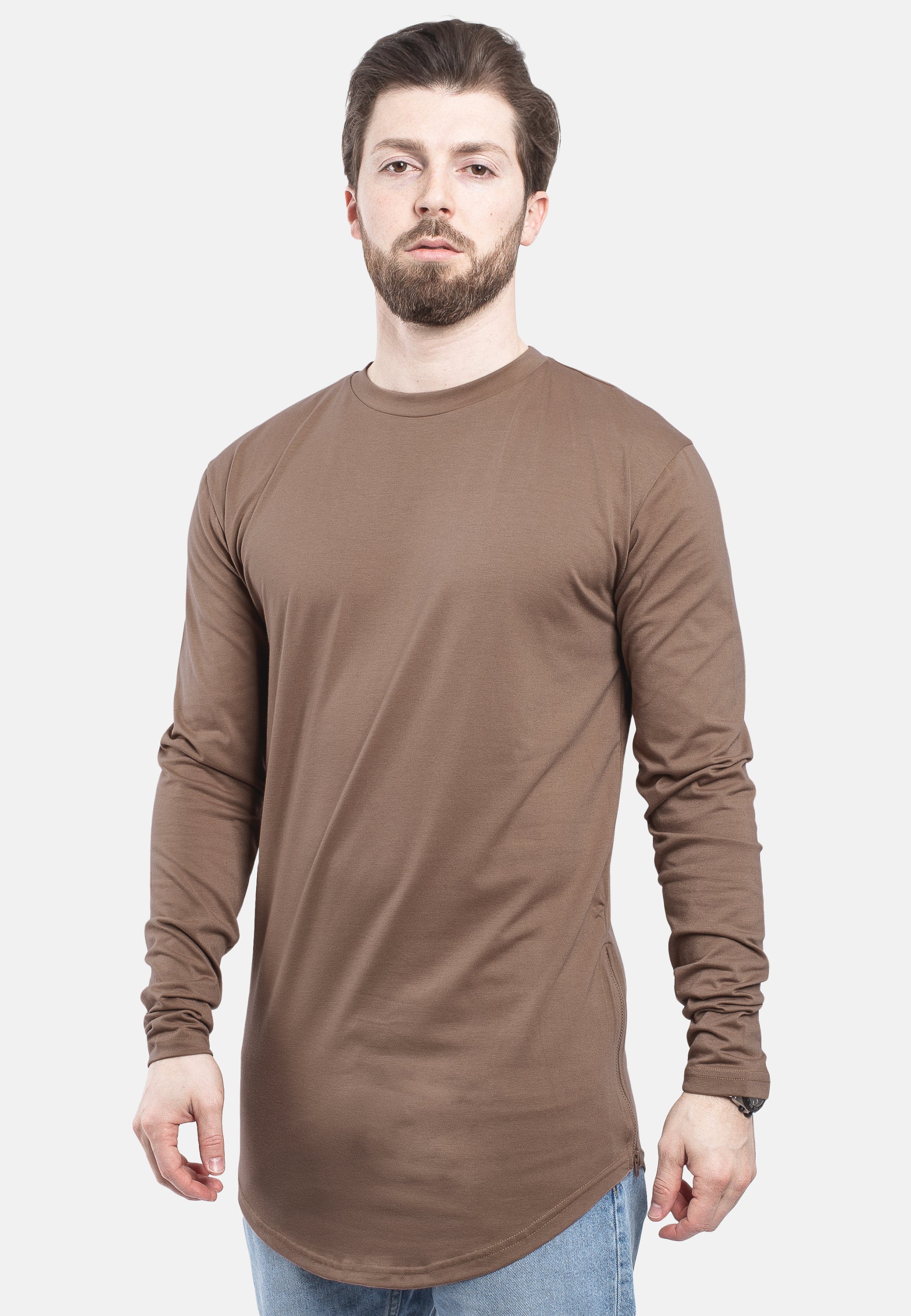 Blackskies-Side-Zip-Long-Sleeve-Longline-T-Shirt-Brown-Long-Tee-Mens-Side