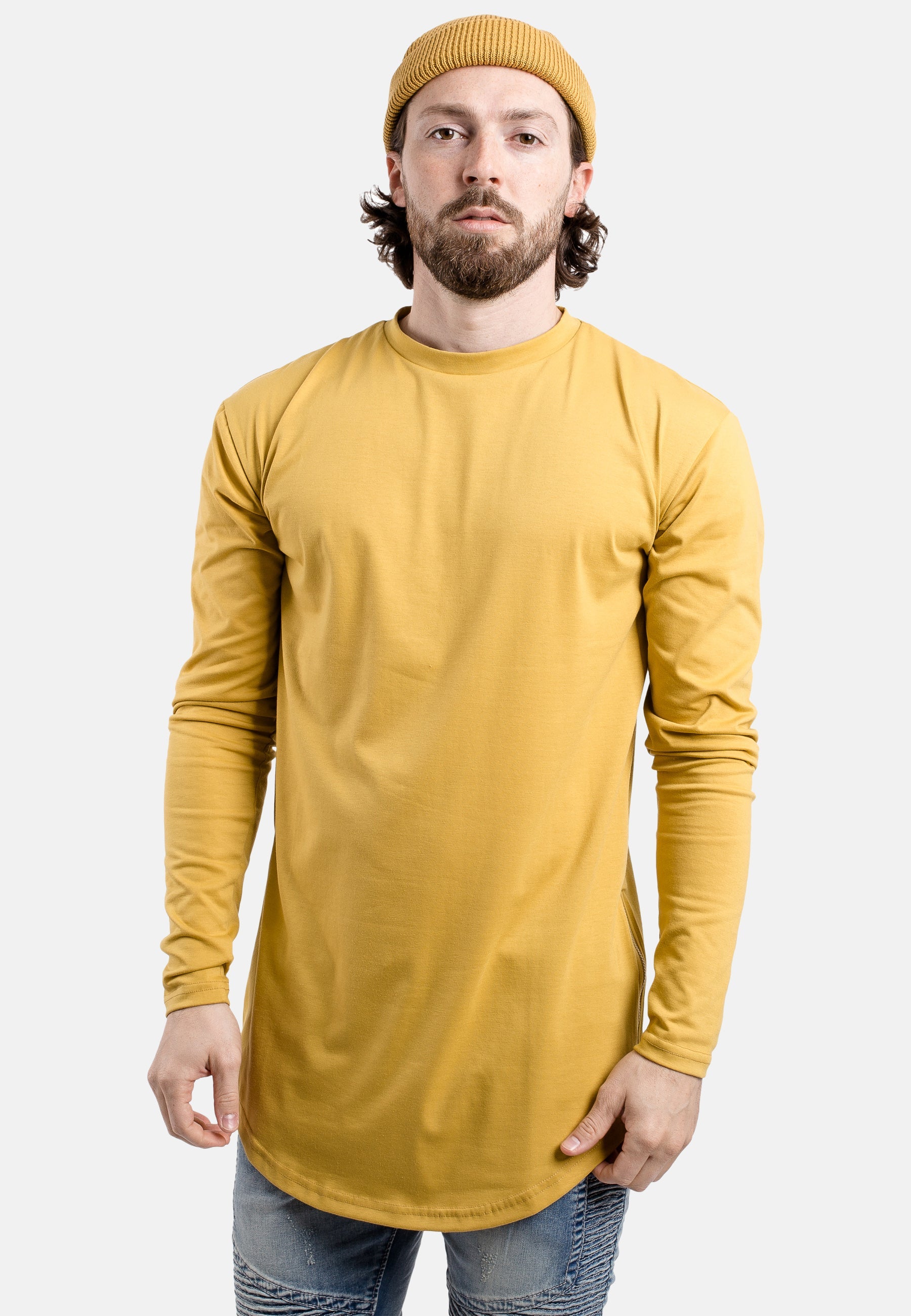 Blackskies-Side-Zip-Long-Sleeve-Longline-T-Shirt-Mustard-Model-Beanie