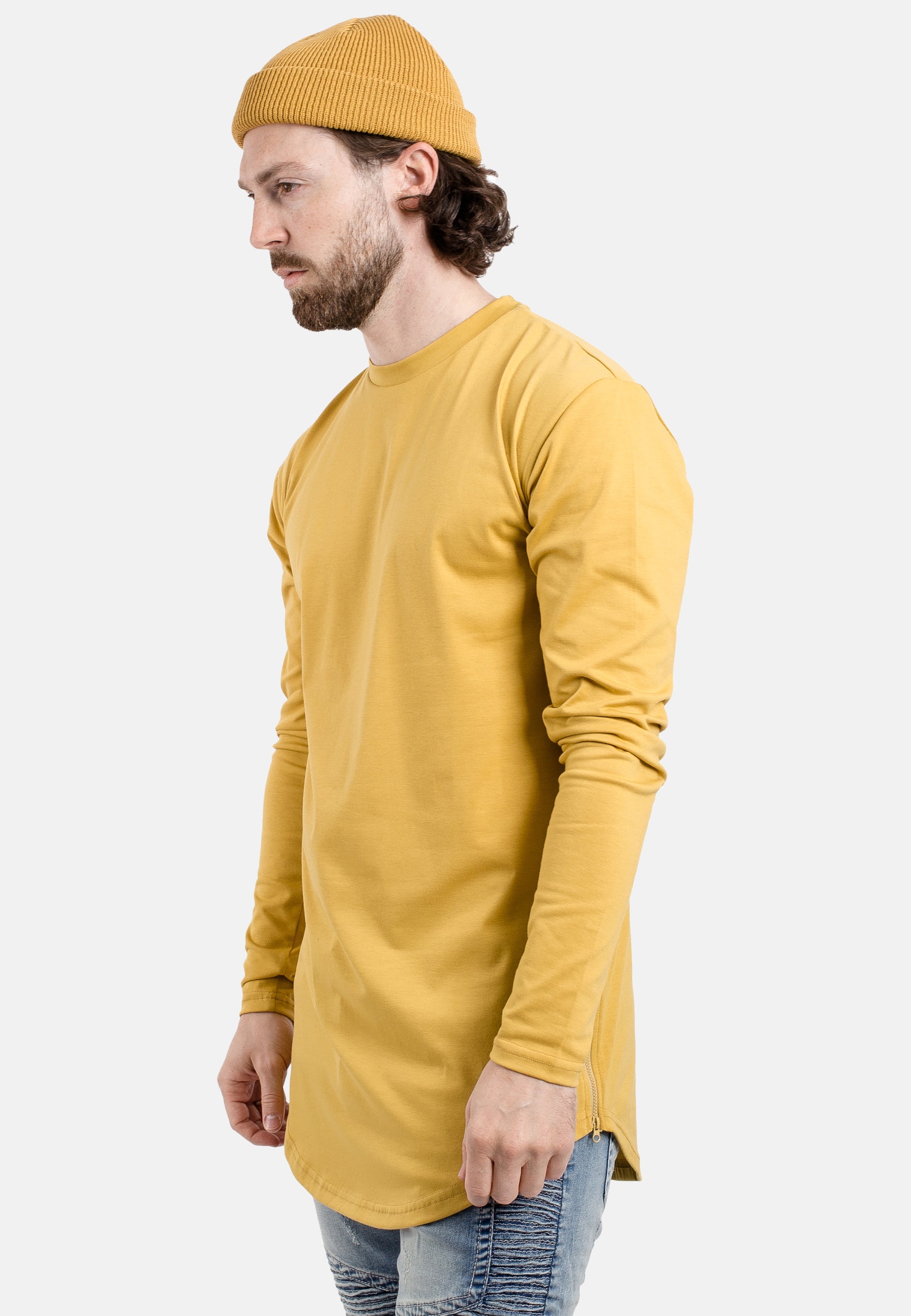 Blackskies-Side-Zip-Long-Sleeve-Longline-T-Shirt-Mustard-Side-Fahion-Tee-Model