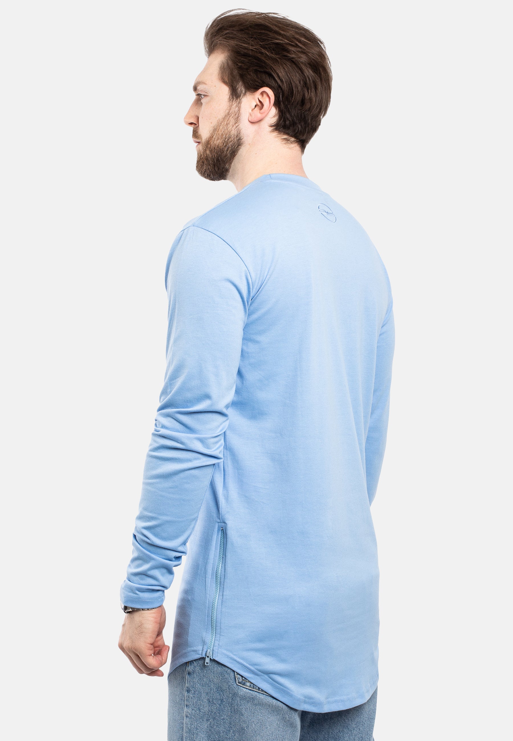Side Zip Long Sleeve Longline T-Shirt Sky Blue - Blackskies
