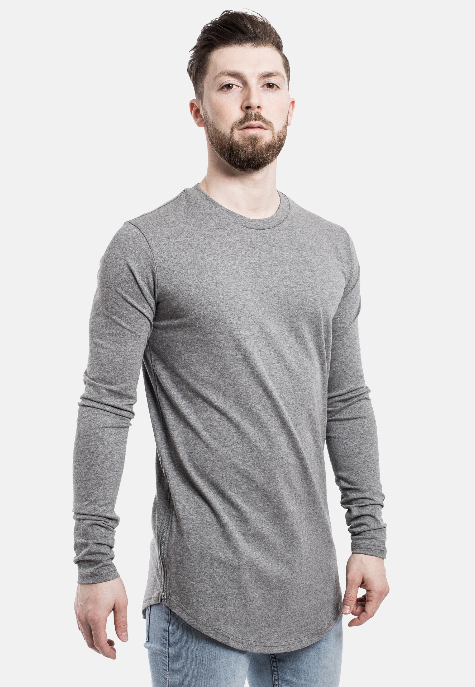 Blackskies-Side-Zip-Longline-Long-Sleeve-T-Shirt-Grey-Curved-Hem-Model