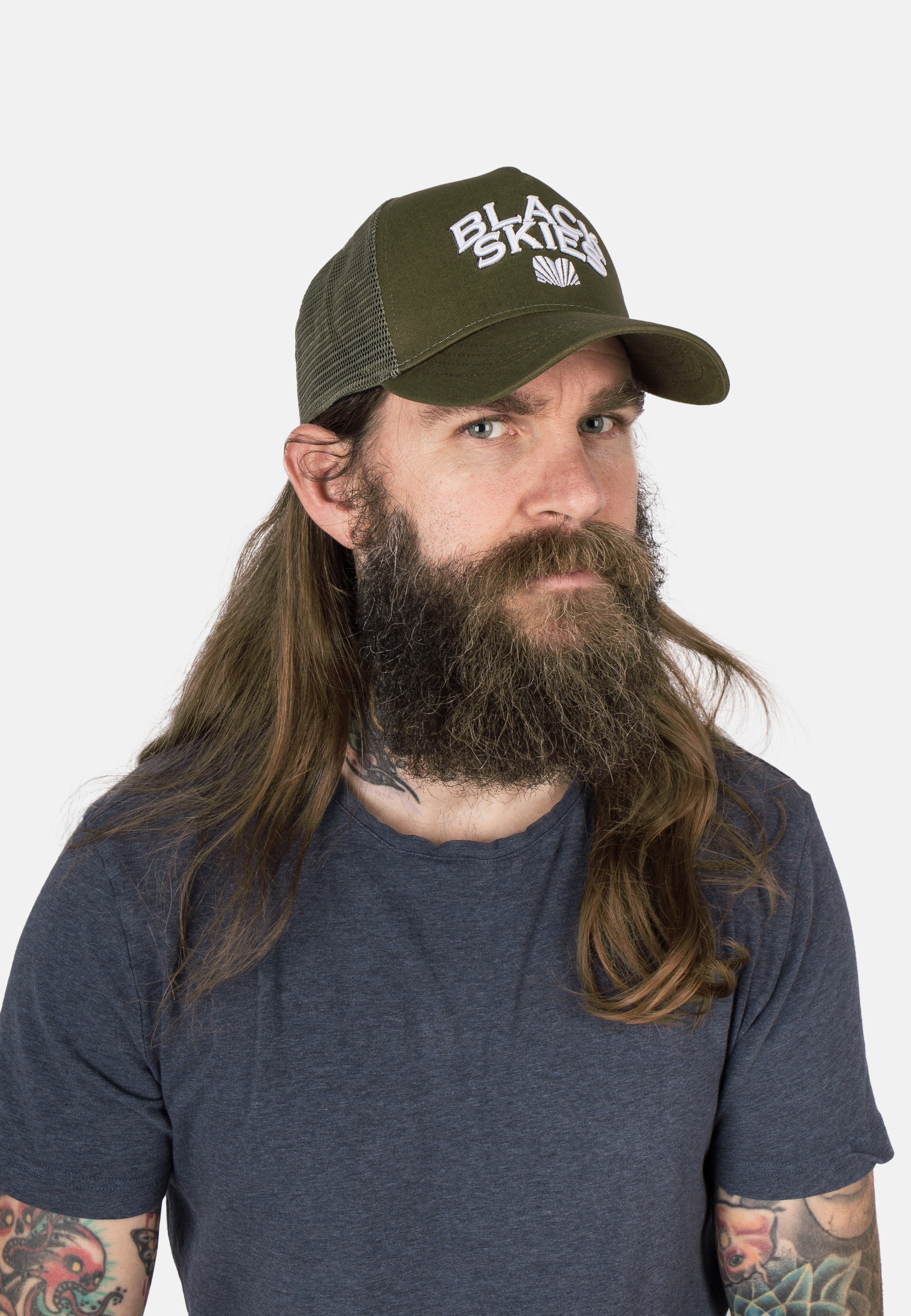 Blackskies-Team-Baseball-Cap-Olive-White-Model-2