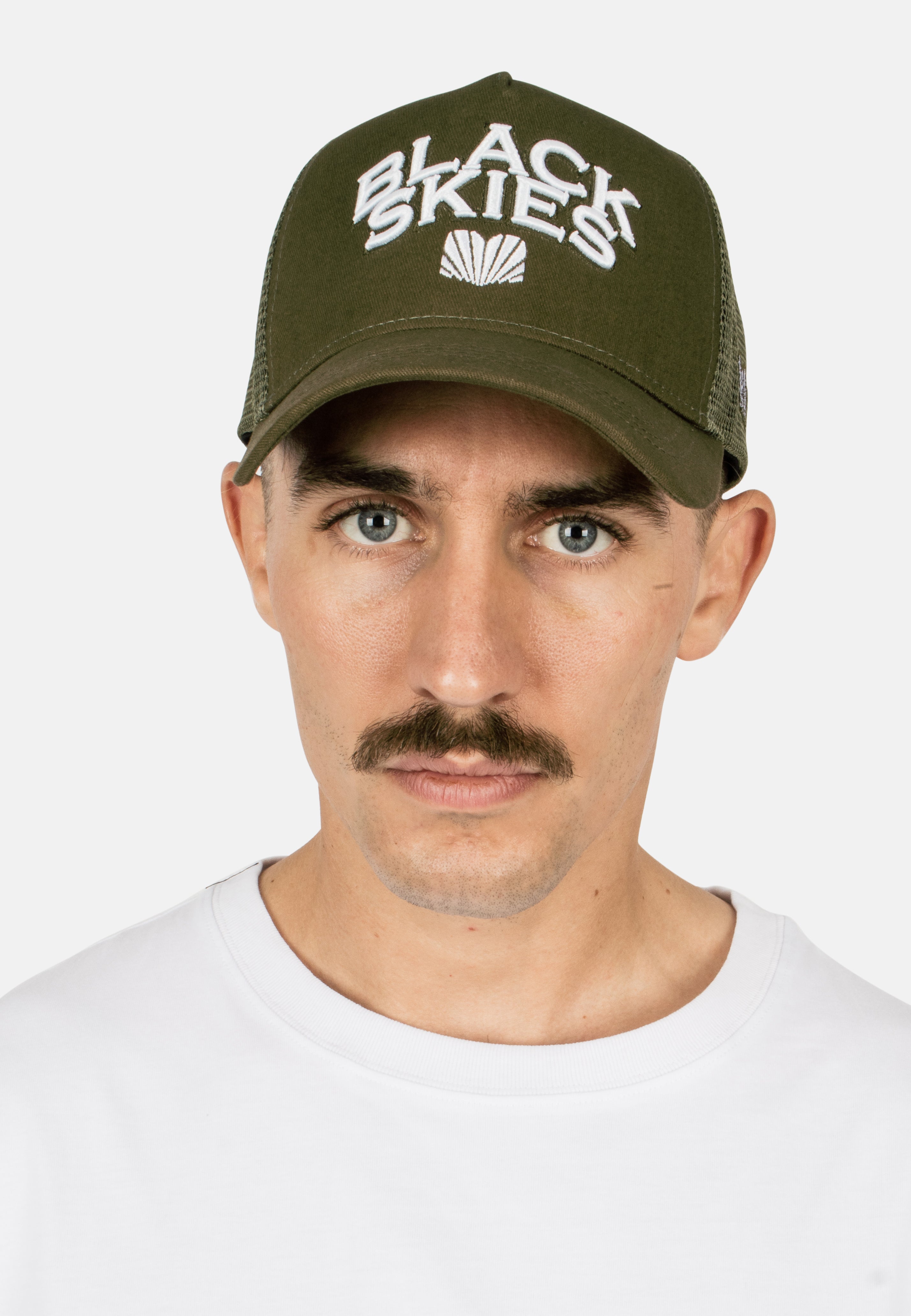Blackskies-Team-Baseball-Cap-Olive-White-Model