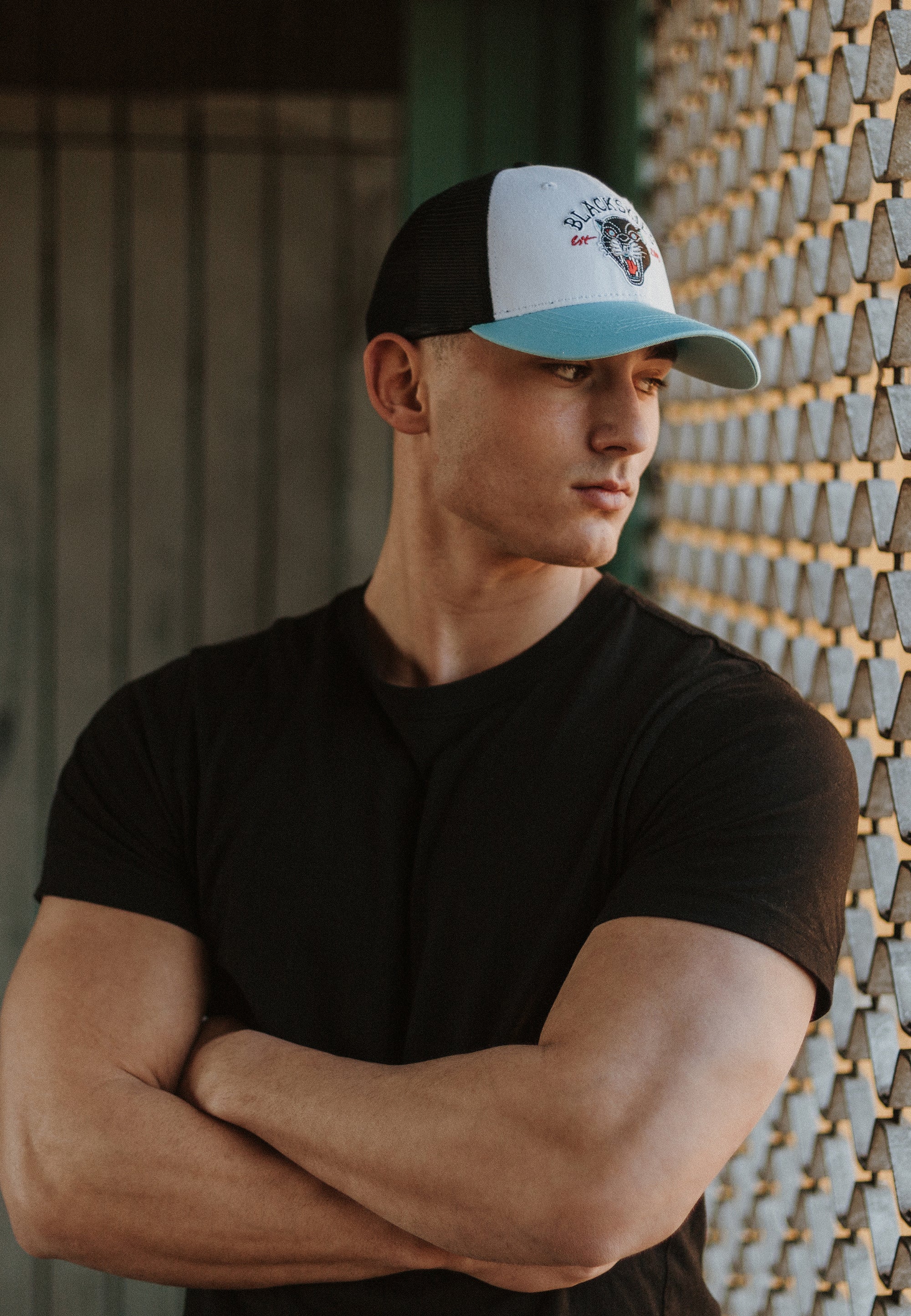 Blackskies-Traditional-Tattoo-Trucker-Cap-Panther-White-Black-Blue-Model