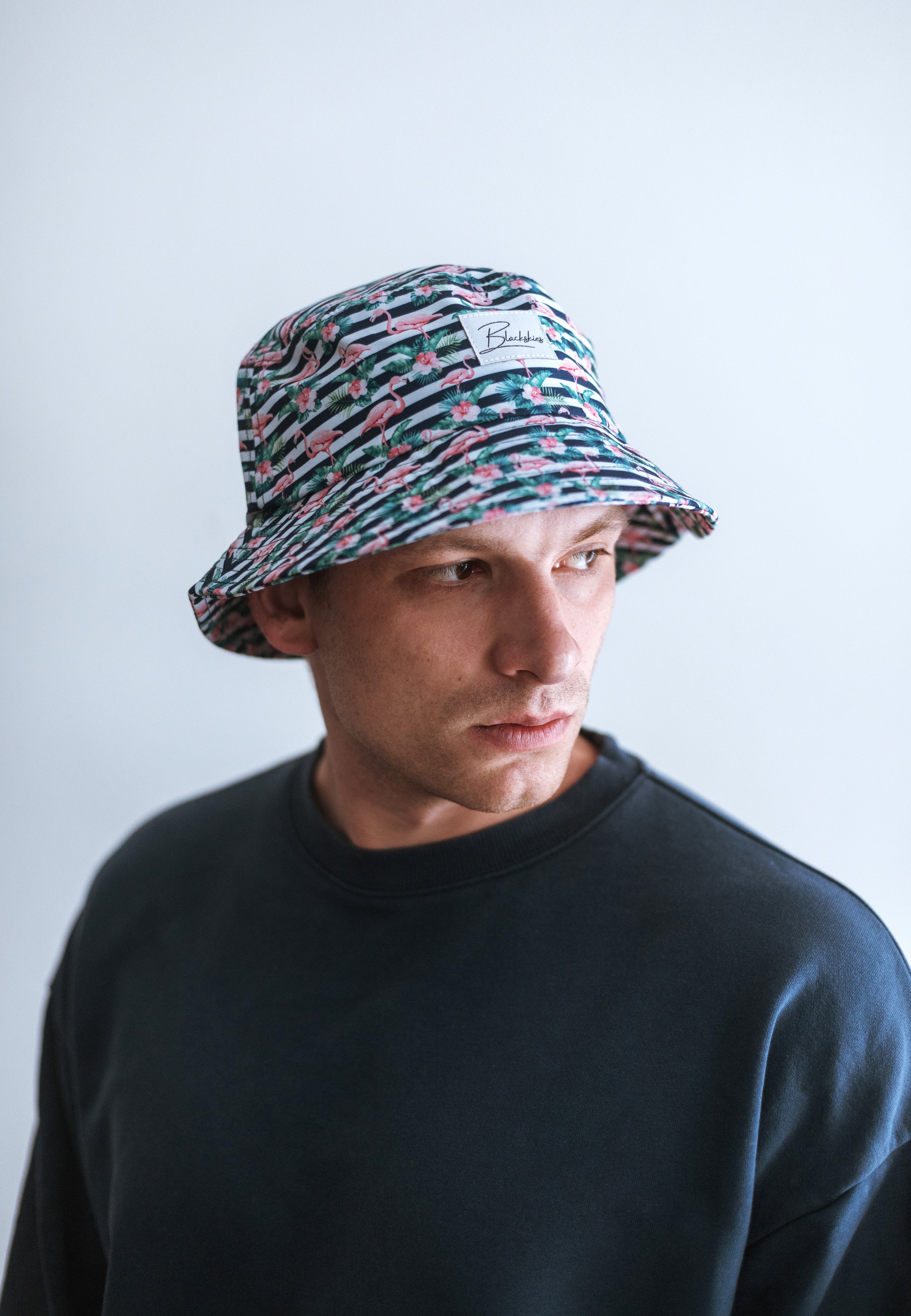 Blackskies-Tropical-Flamingo-Bucket-Hat-Blue-White-Striped-Model