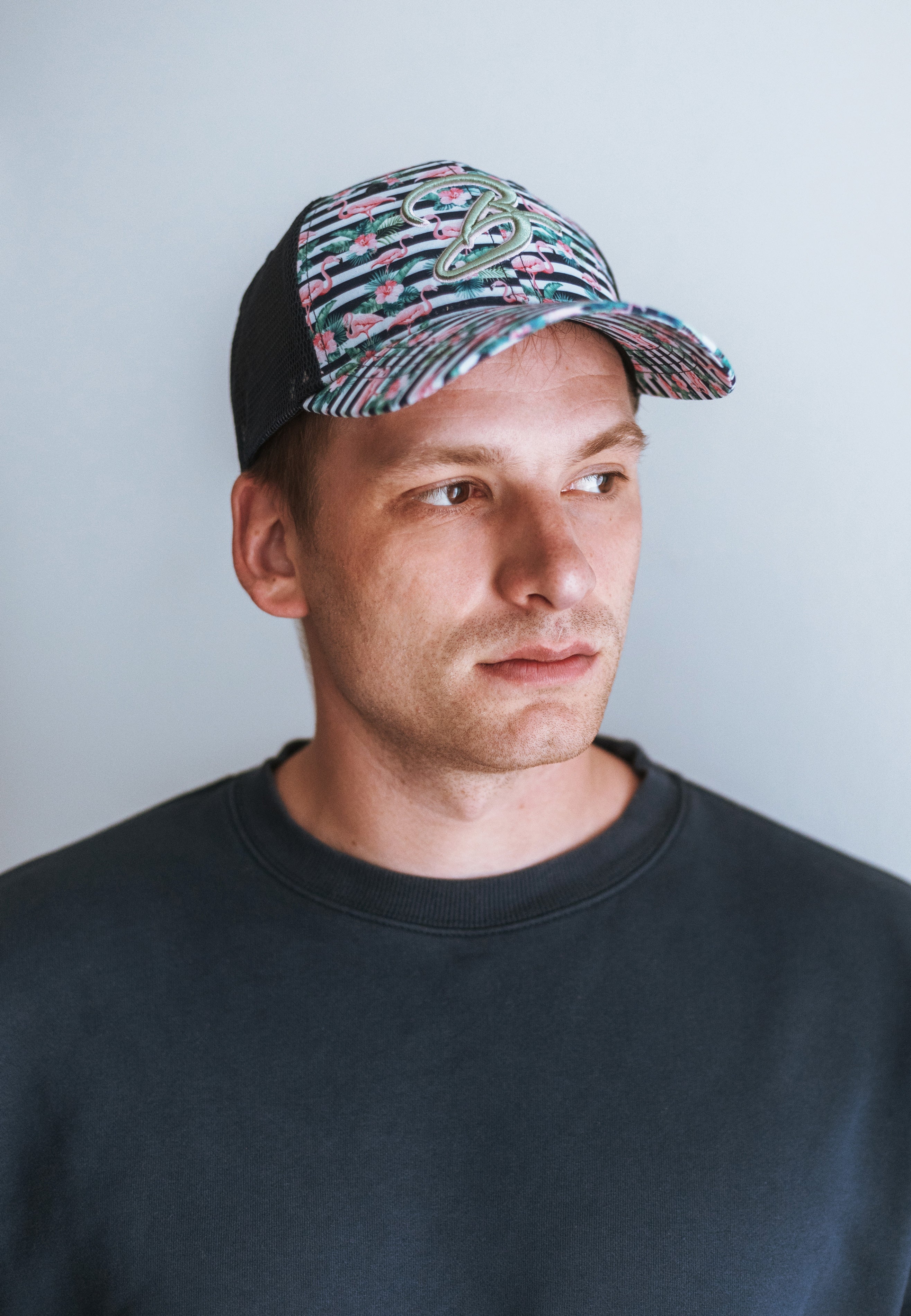 Blackskies-Tropical-Flamingo-Trucker-Cap-Blue-White-Striped-Model