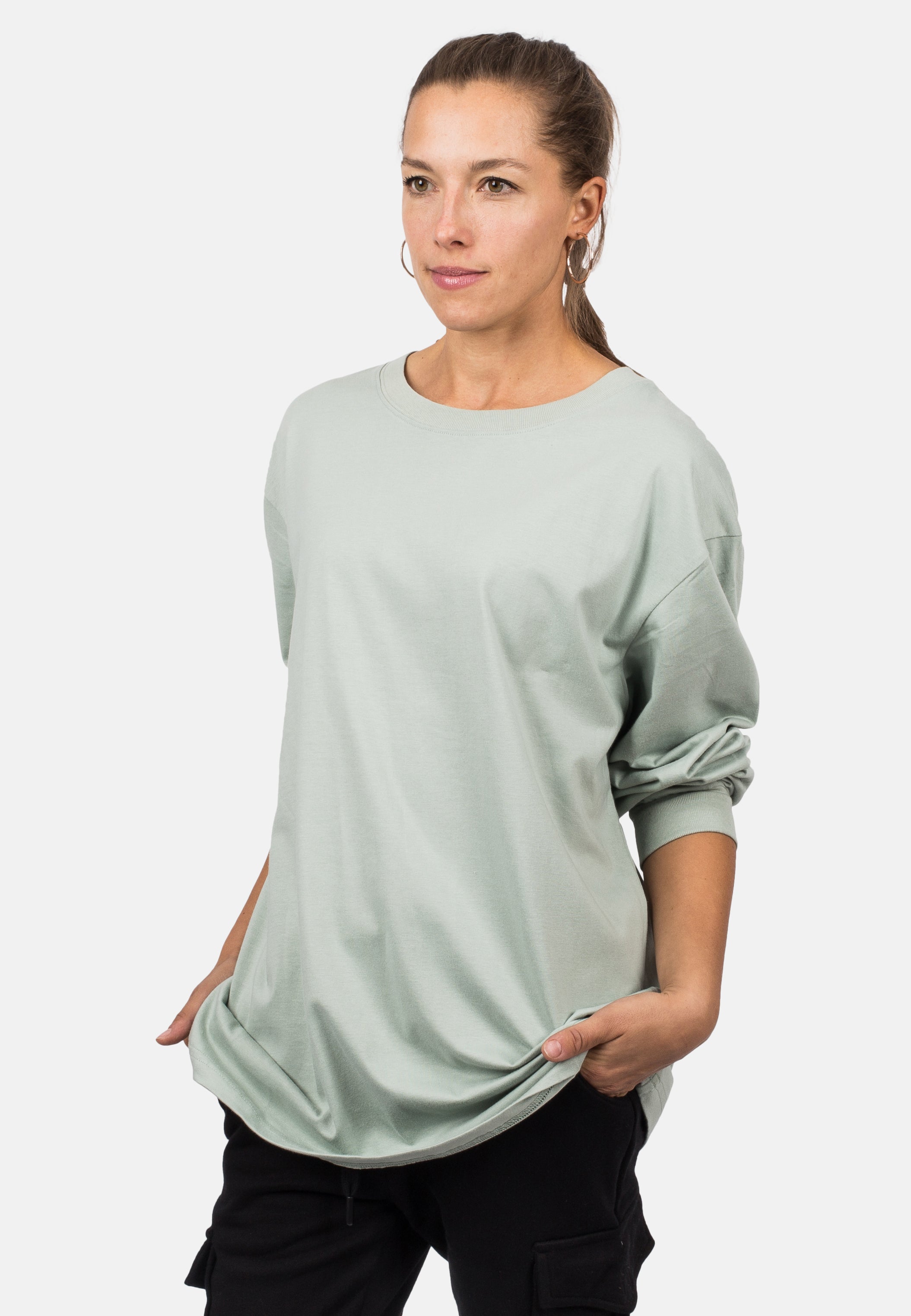 Blackskies-Unisex-Oversized-Long-Sleeve-Shirt-Sage-Green-Female-1