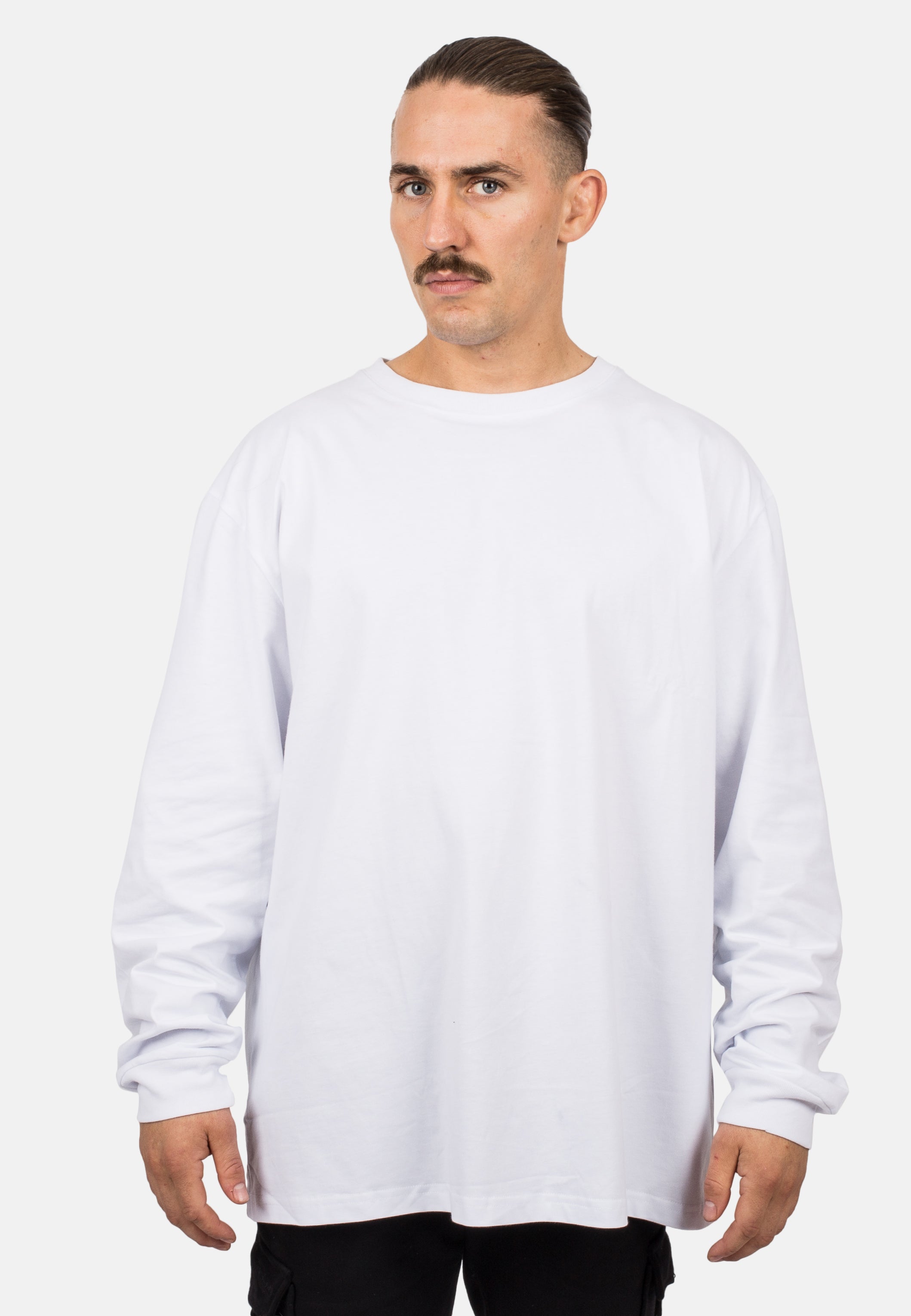 Blackskies-Unisex-Oversized-Long-Sleeve-Shirt-White-Male-Front