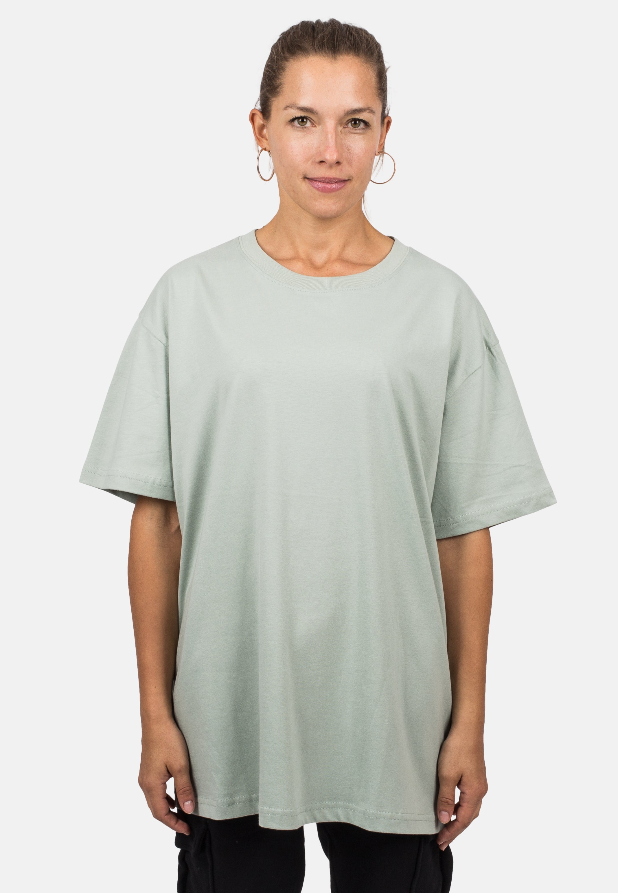 Blackskies-Unisex-Oversized-T-Shirt-Sage-Female-Model