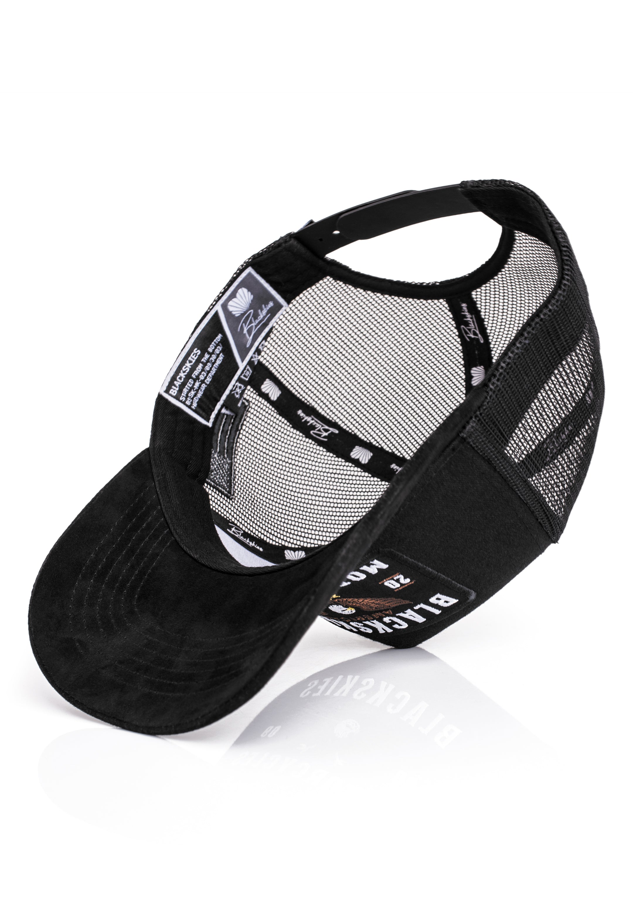 Black mesh cap with branding on a white background