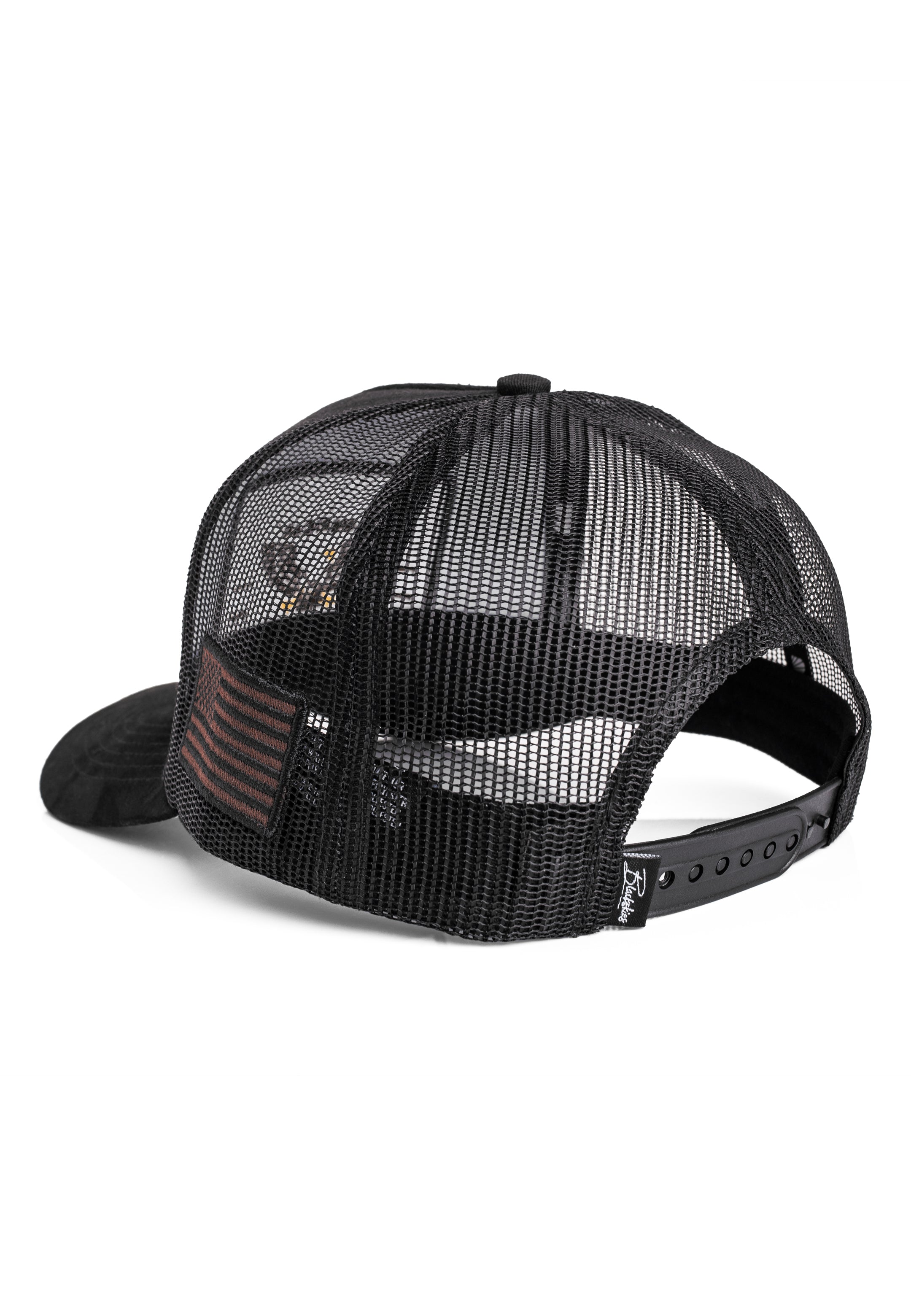 Black mesh cap with a red stripe on a white background