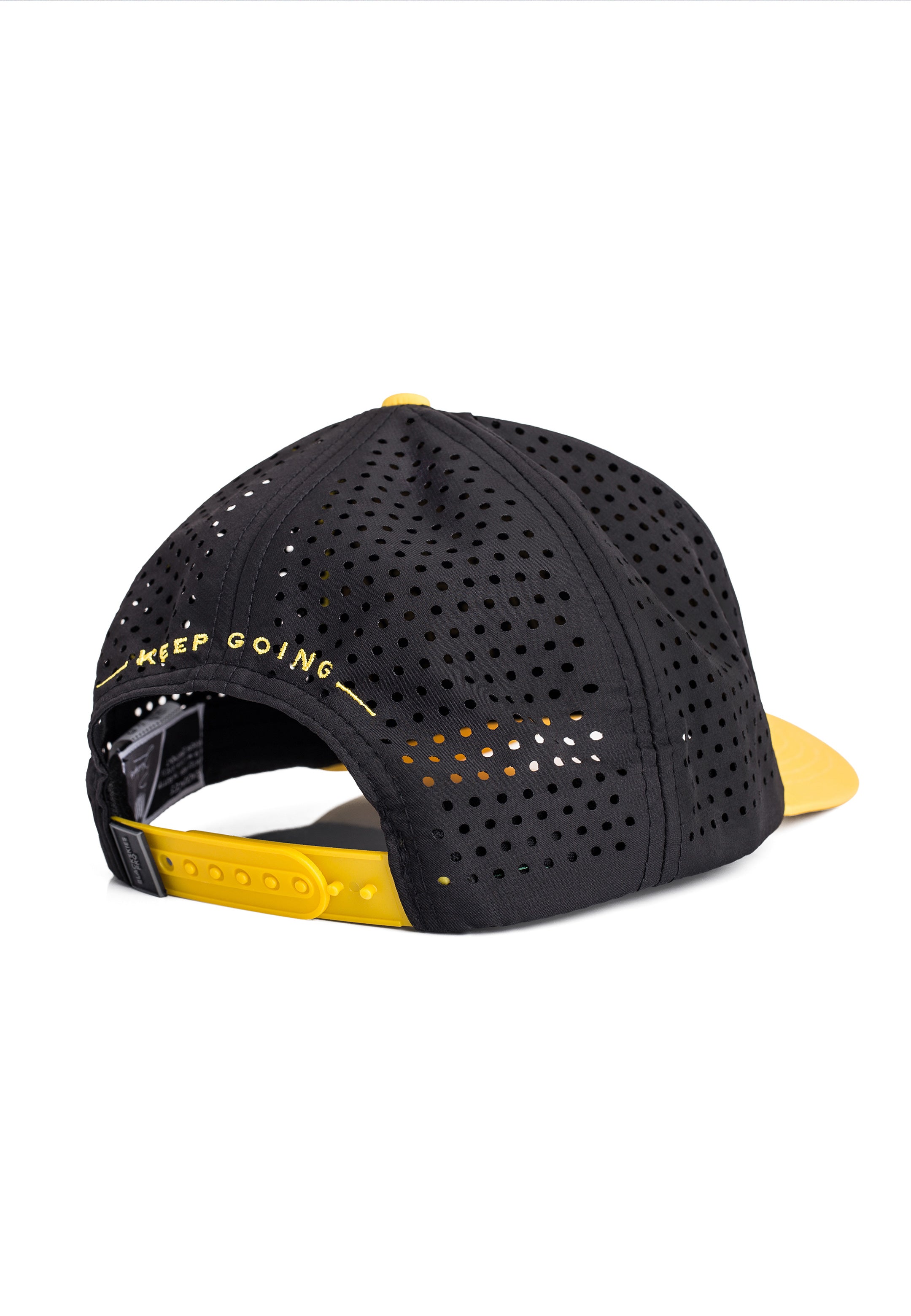 Black cap with yellow accents and 'Keep Going' text on a white background