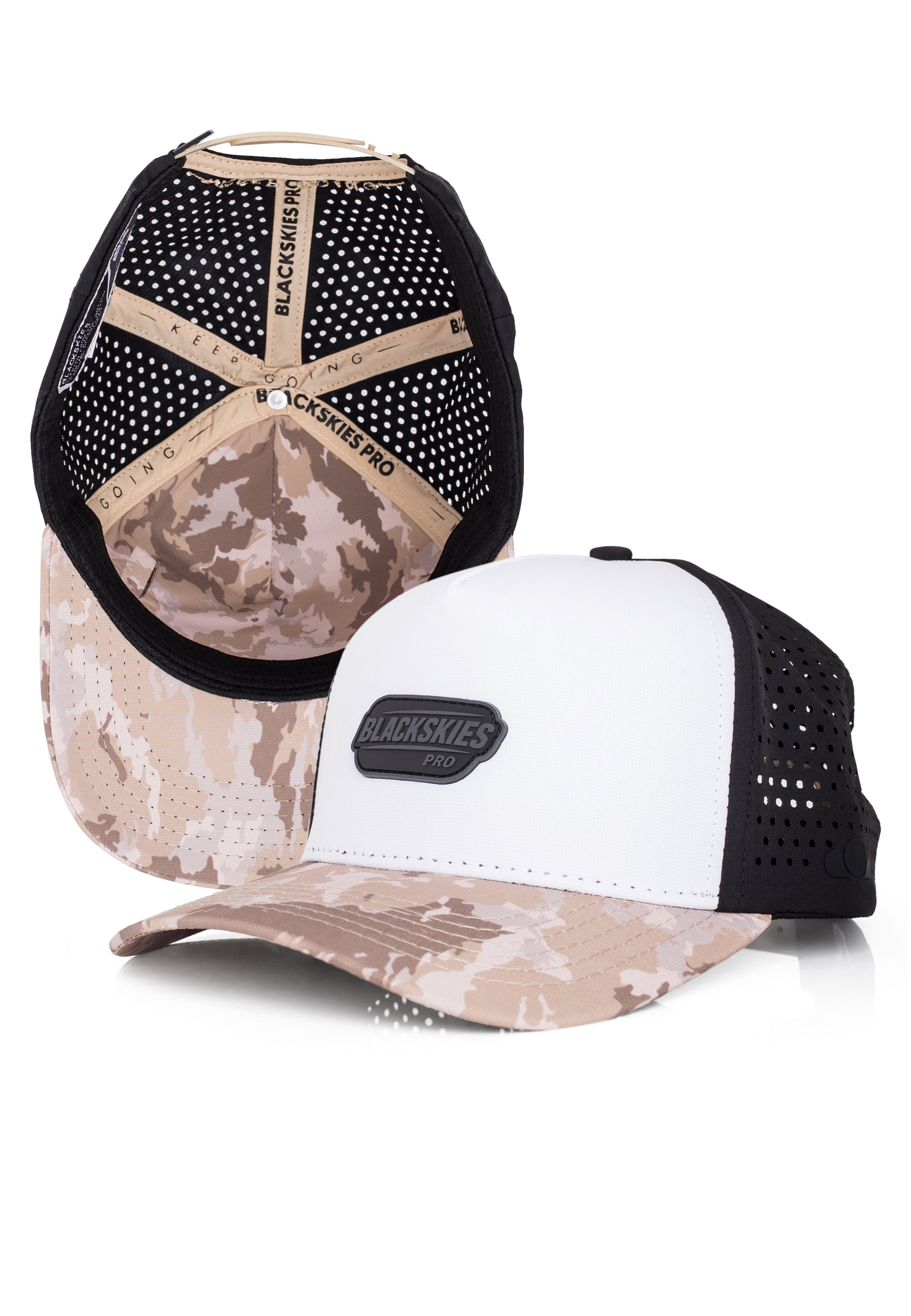 Two camouflage baseball caps with Blackskies logo on a white background
