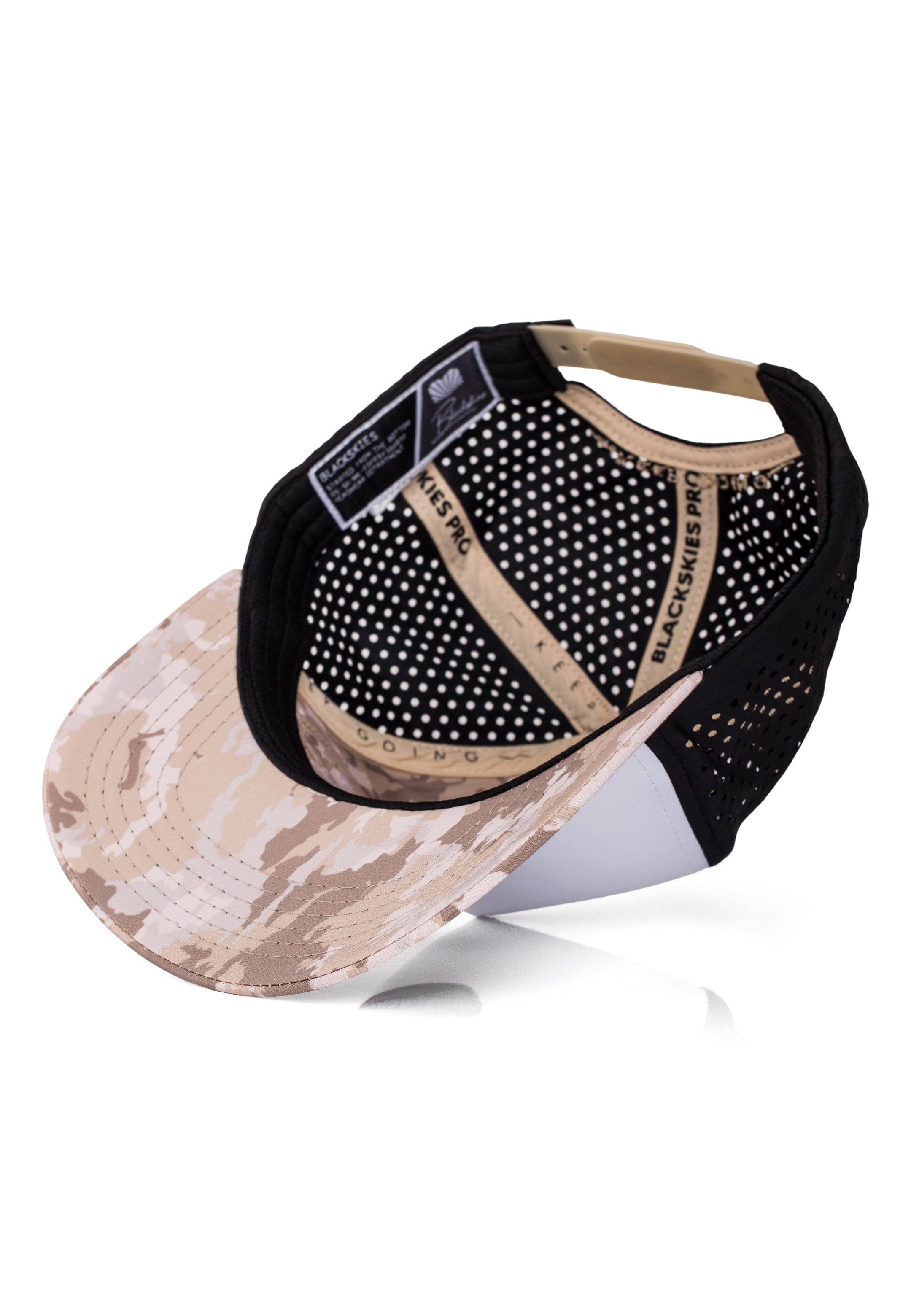 Camouflage baseball cap with black mesh back on a white background