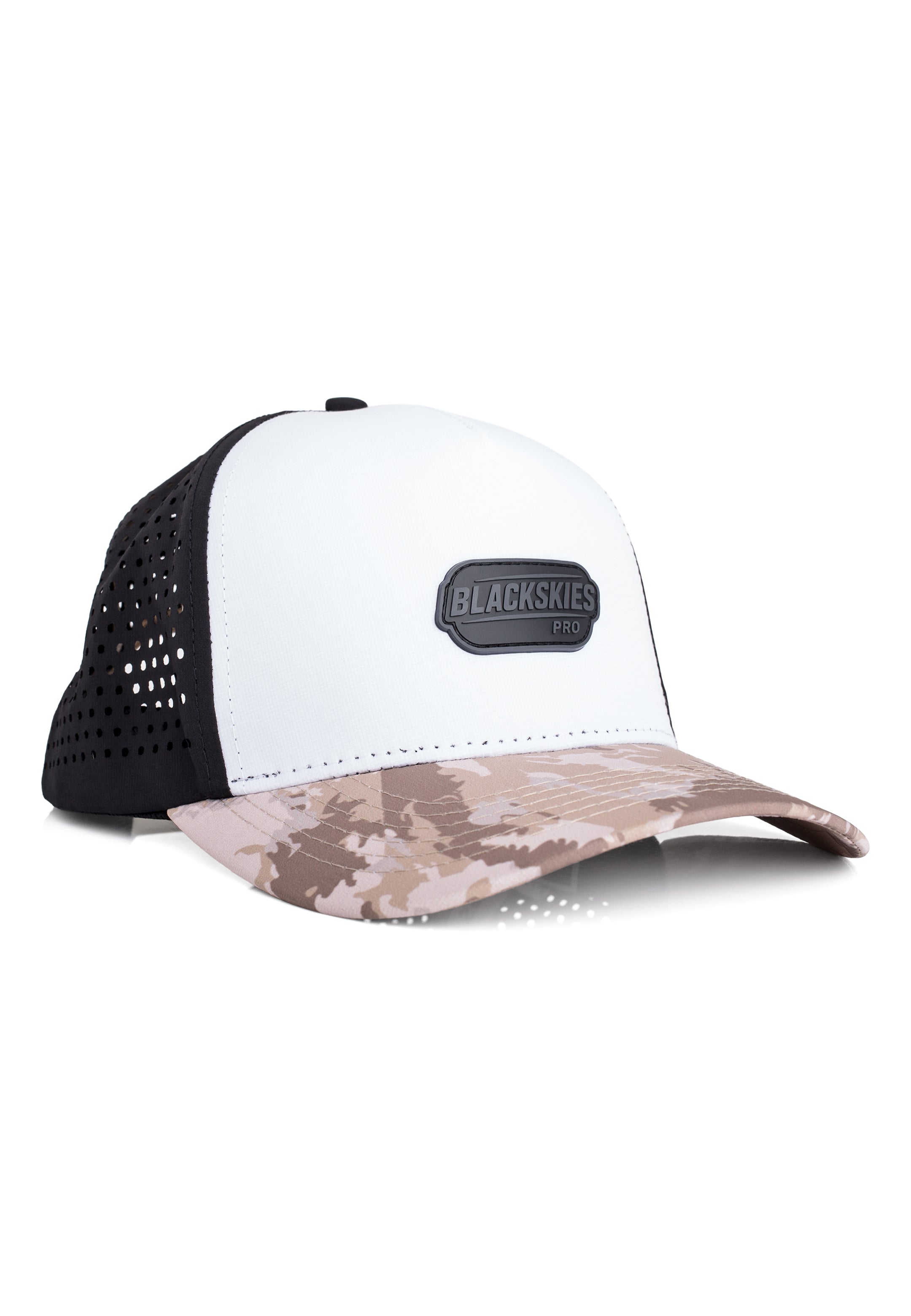 Black and white cap with camouflage brim on a white background