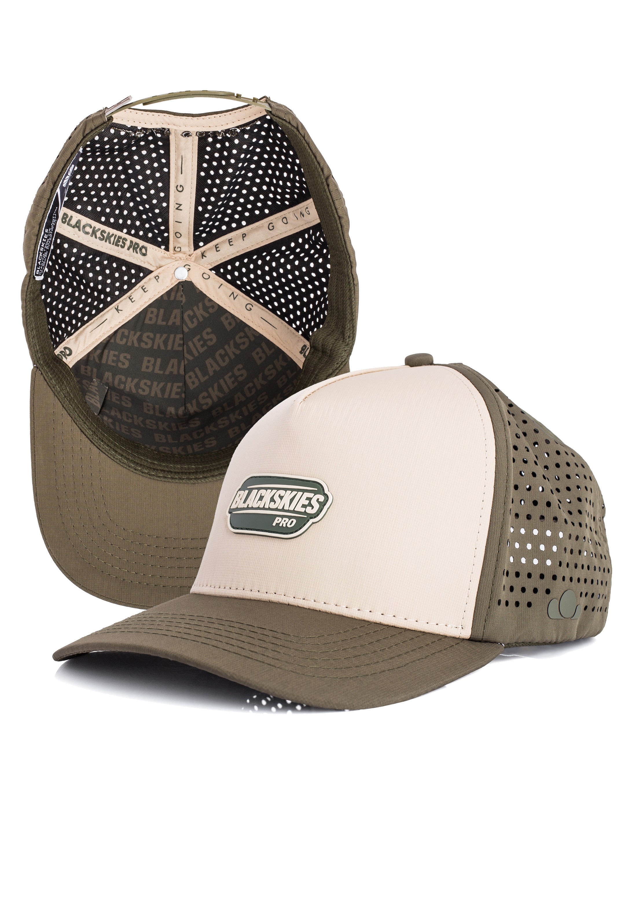 Two mesh caps with visible branding on a white background