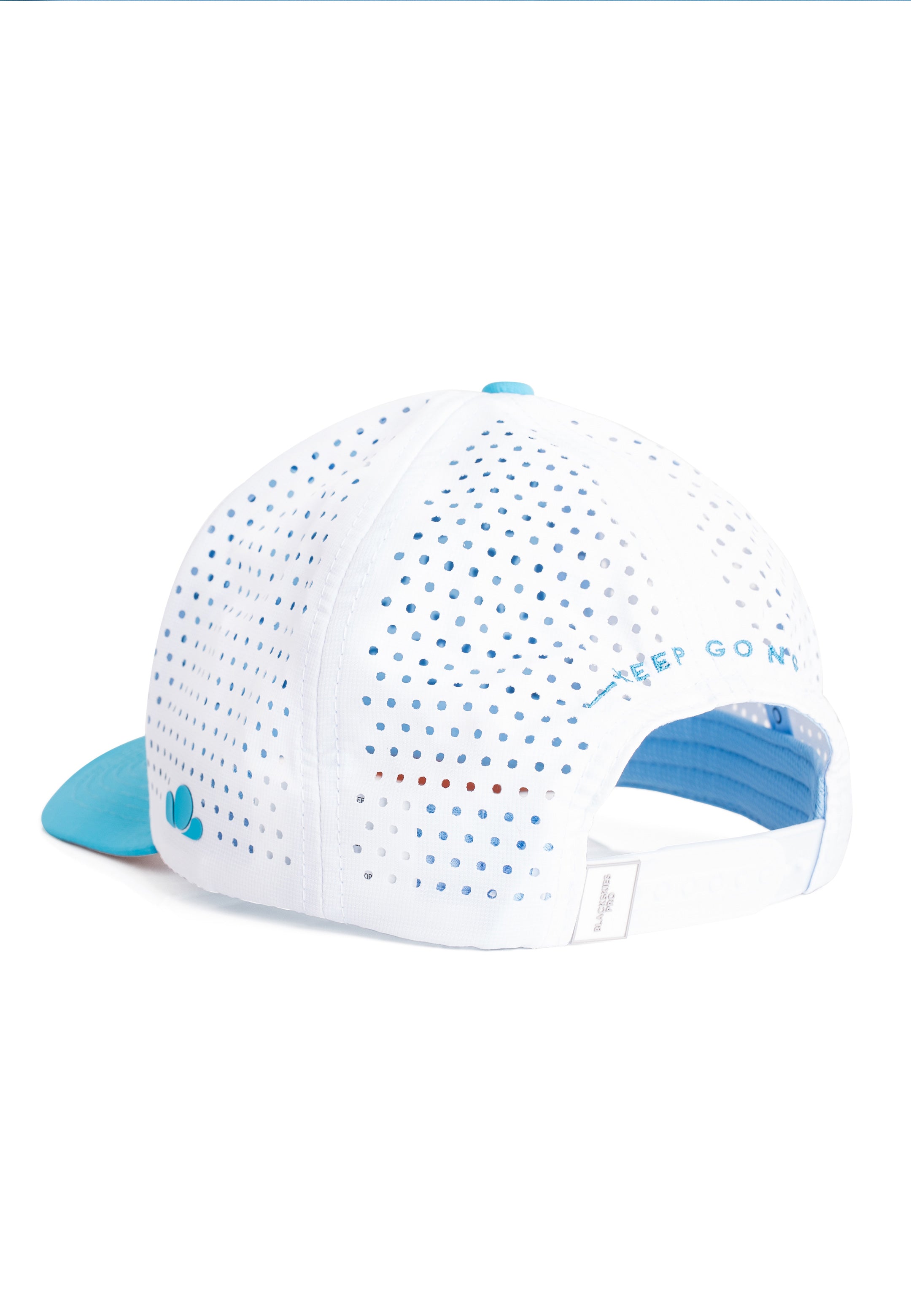 White cap with blue accents on a white background