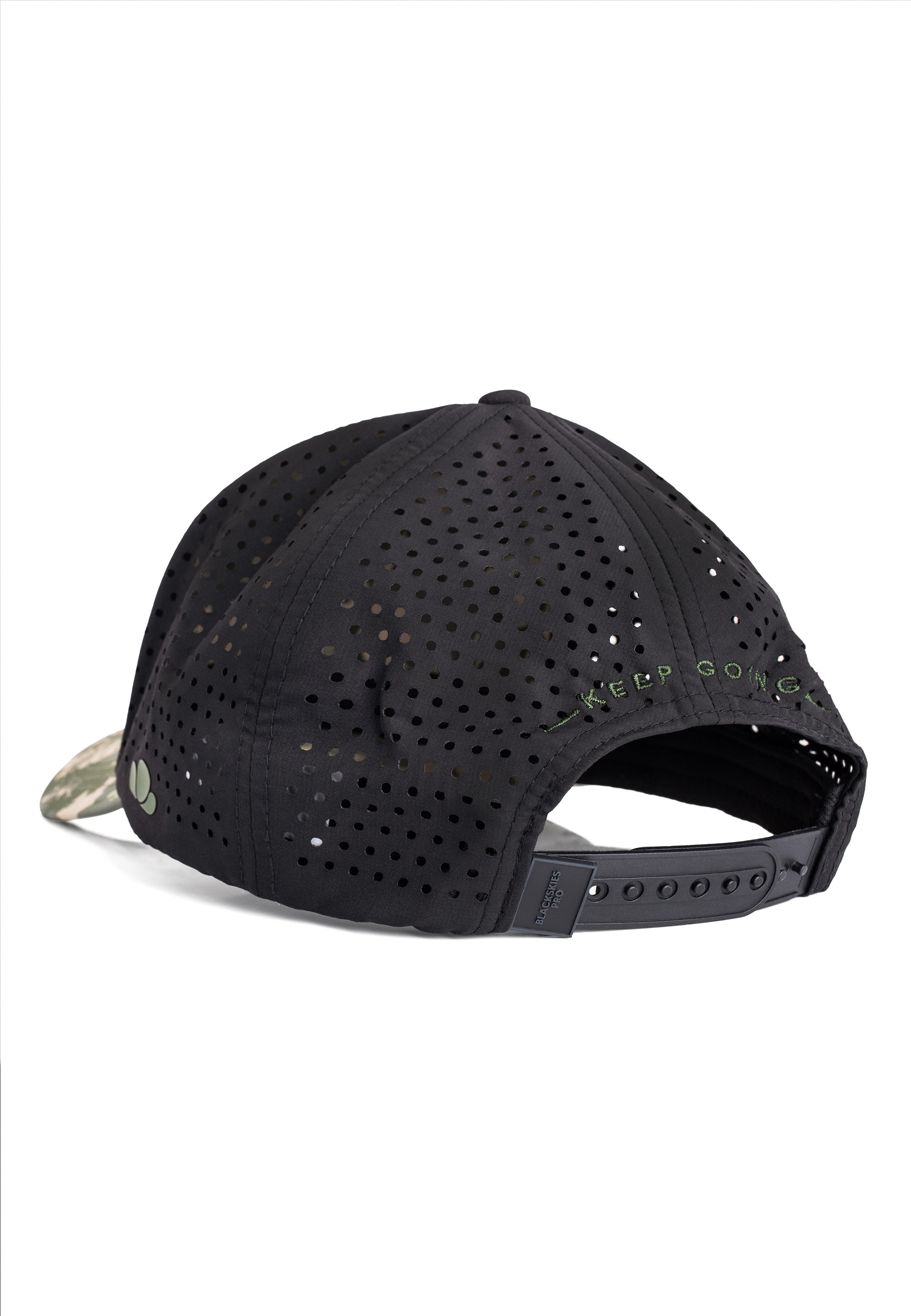 Black cap with perforated design on a white background