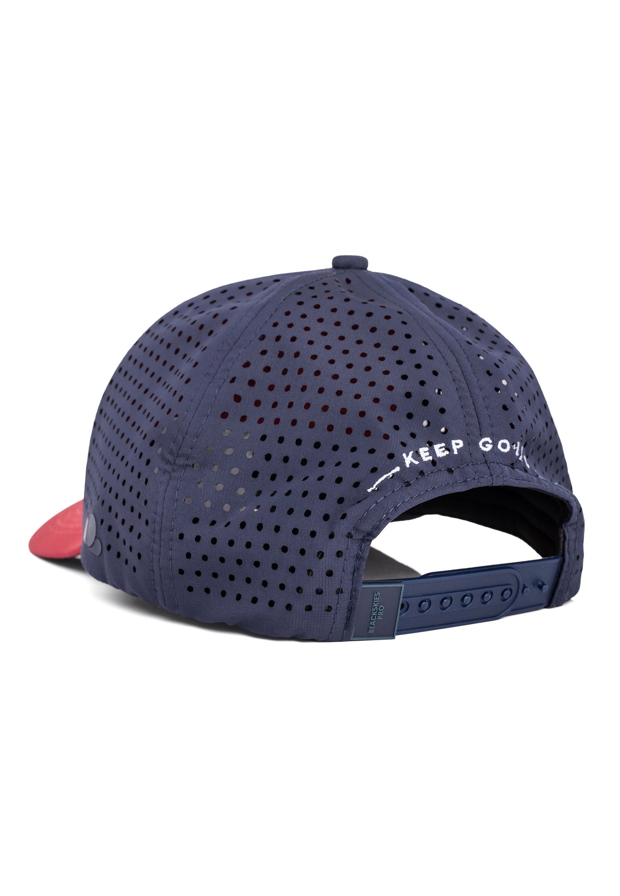Navy blue cap with red visor and 'KEEP GO' text on a white background