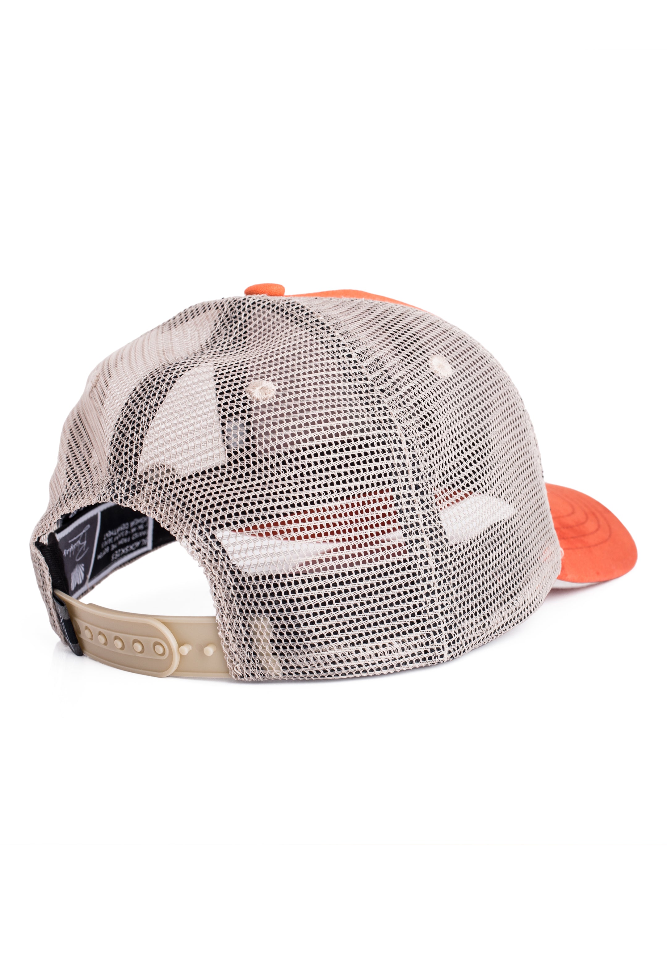 Trucker hat with mesh back and orange visor on a white background