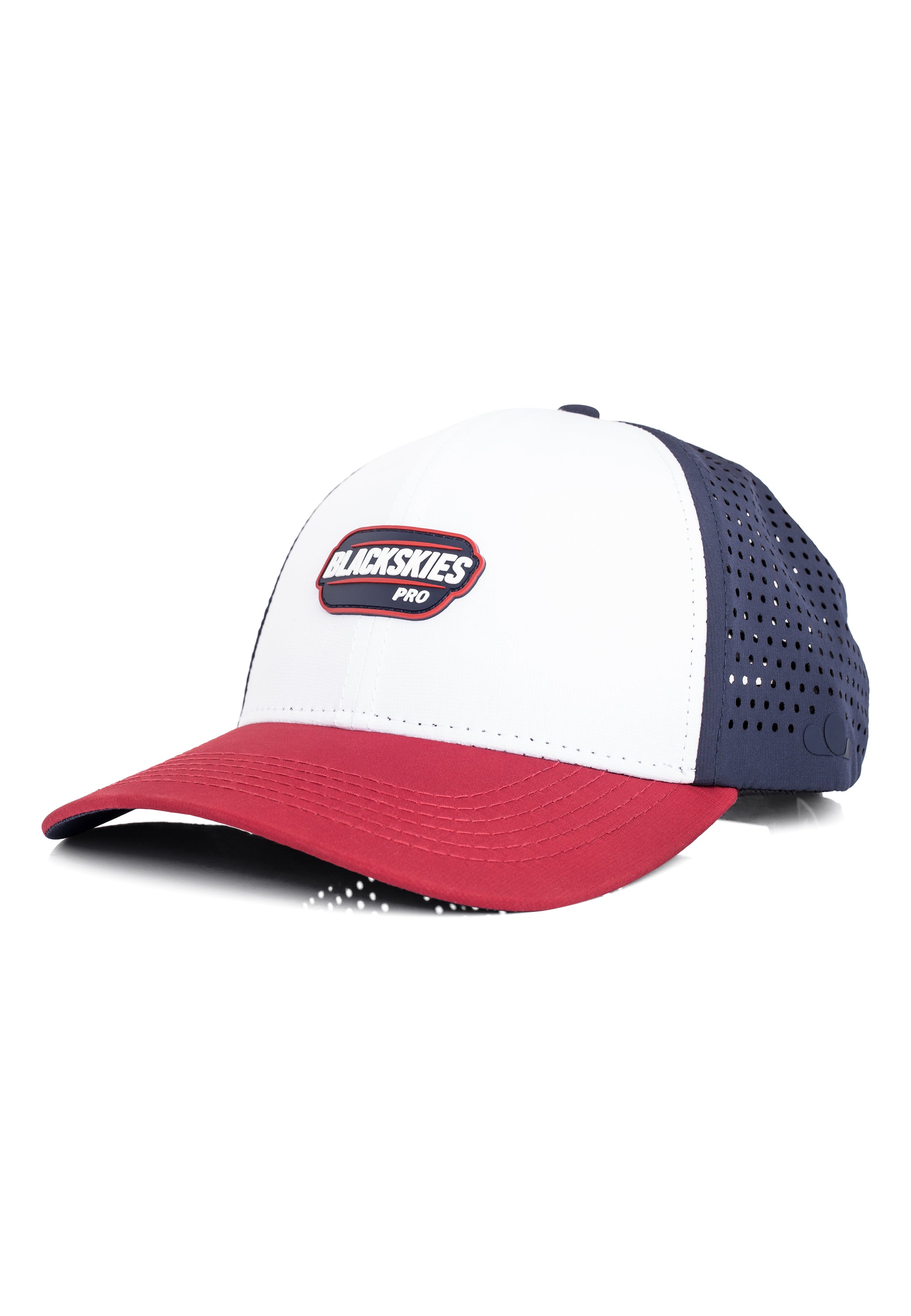 Baseball cap with white, red, and navy design on a white background
