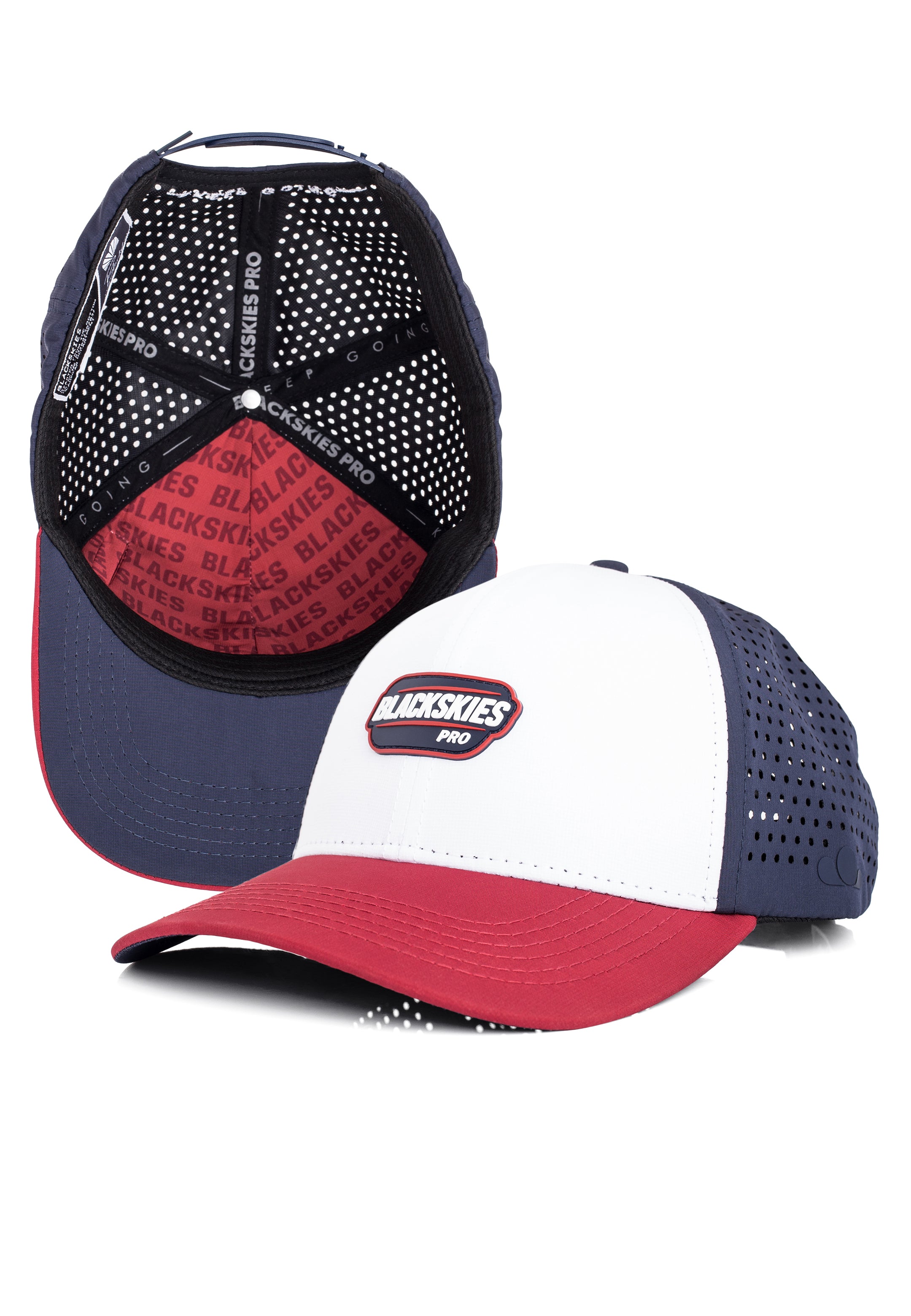 sport performance baseball caps with color block in USA schemes and blackskies branding 