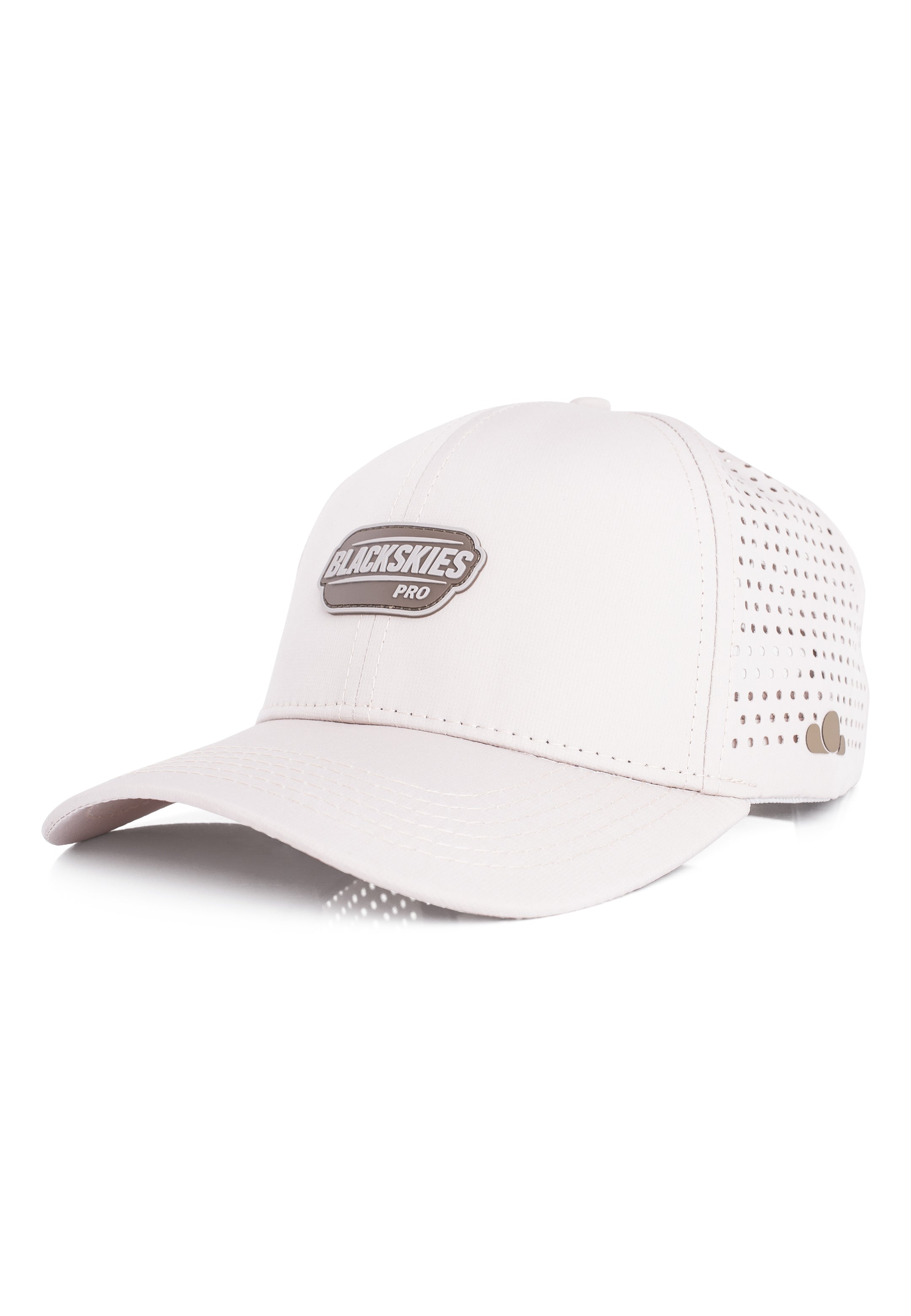 White baseball cap with mesh design on a white background