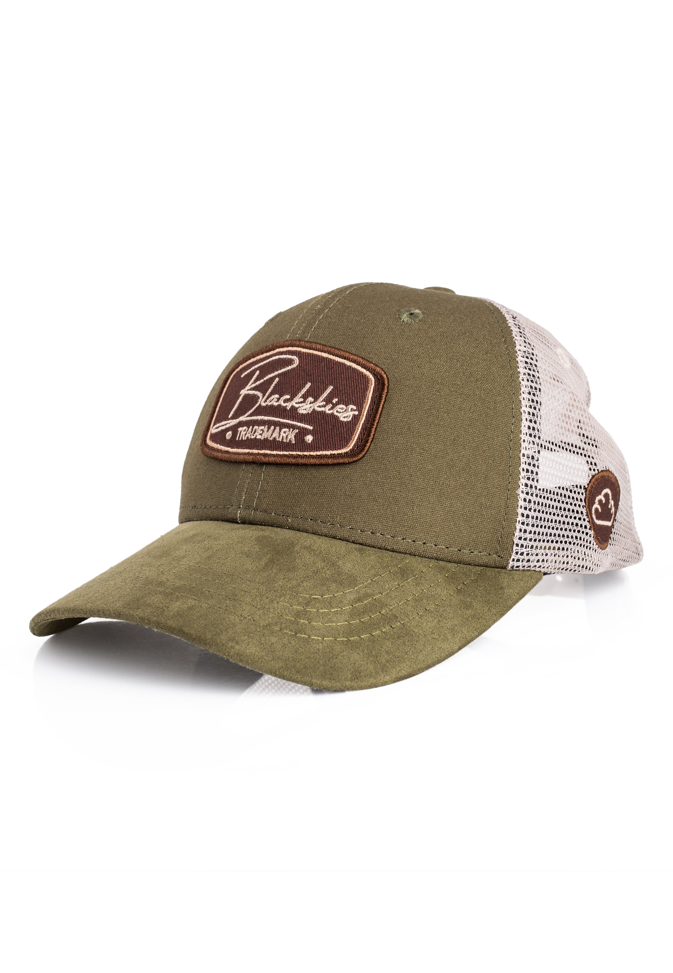 Green trucker cap with a brown patch on a white background