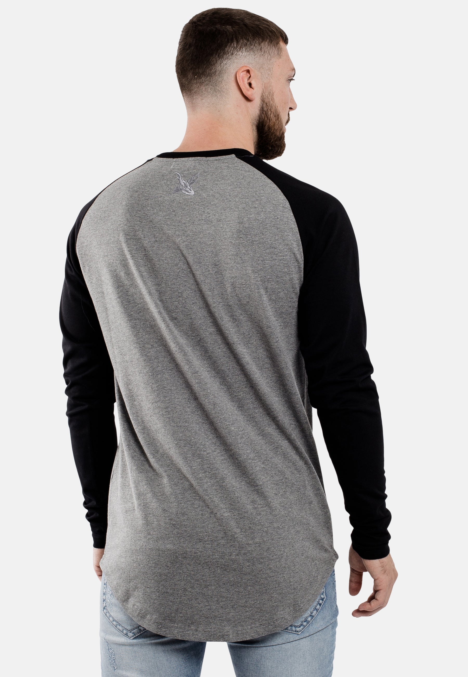 Oversize-Baseball-Longline-T-Shirt-Grey-Black-Back