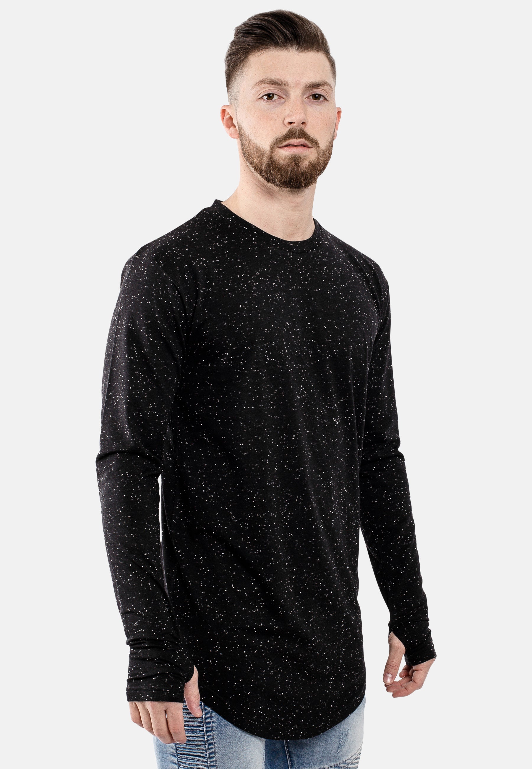 Oversize-Round-Longline-Long-Sleeved-T-Shirt-Black-Speckle-Curved-Hem-Side