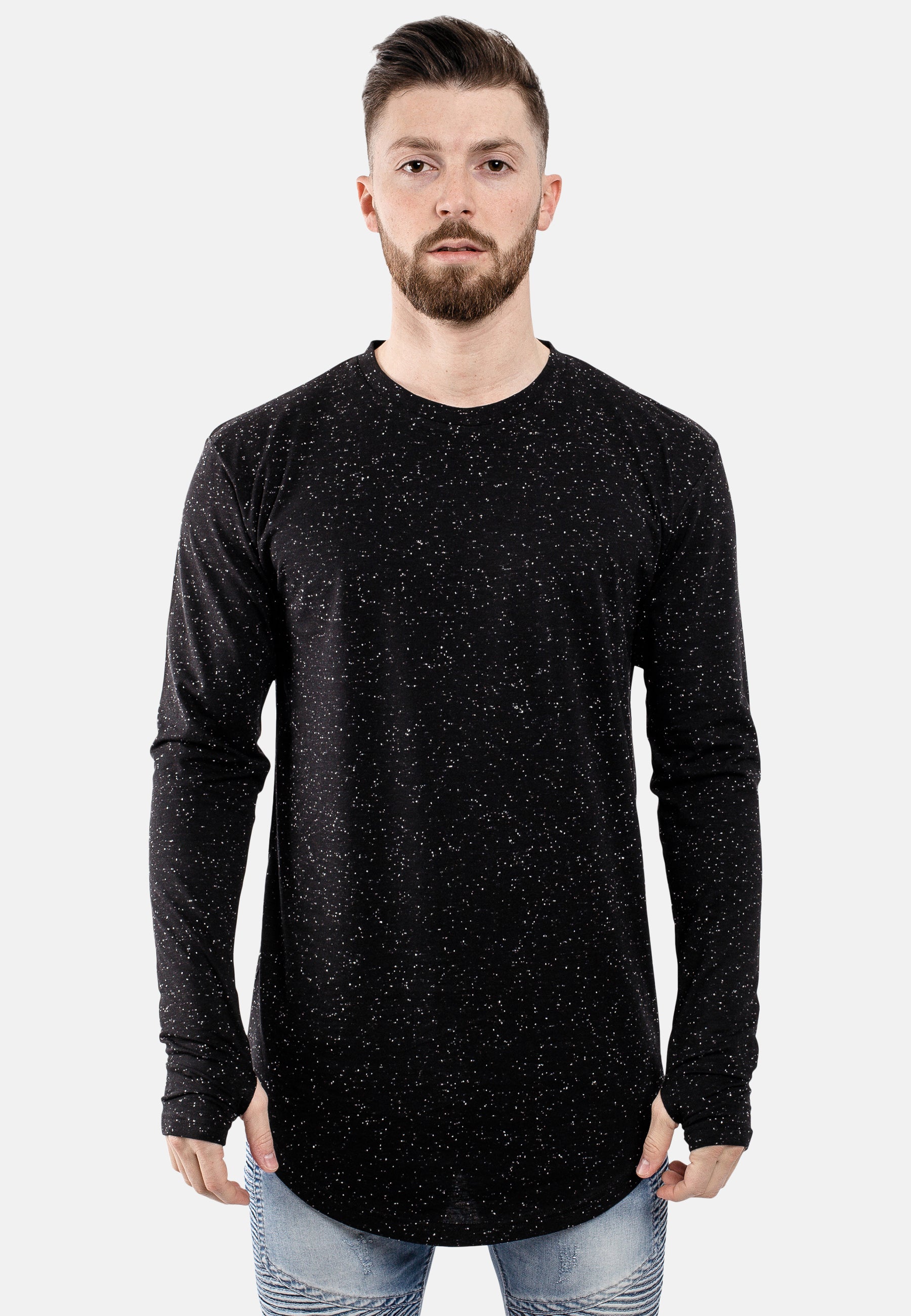 Oversize-Round-Longline-Long-Sleeved-T-Shirt-Black-Speckle-Front