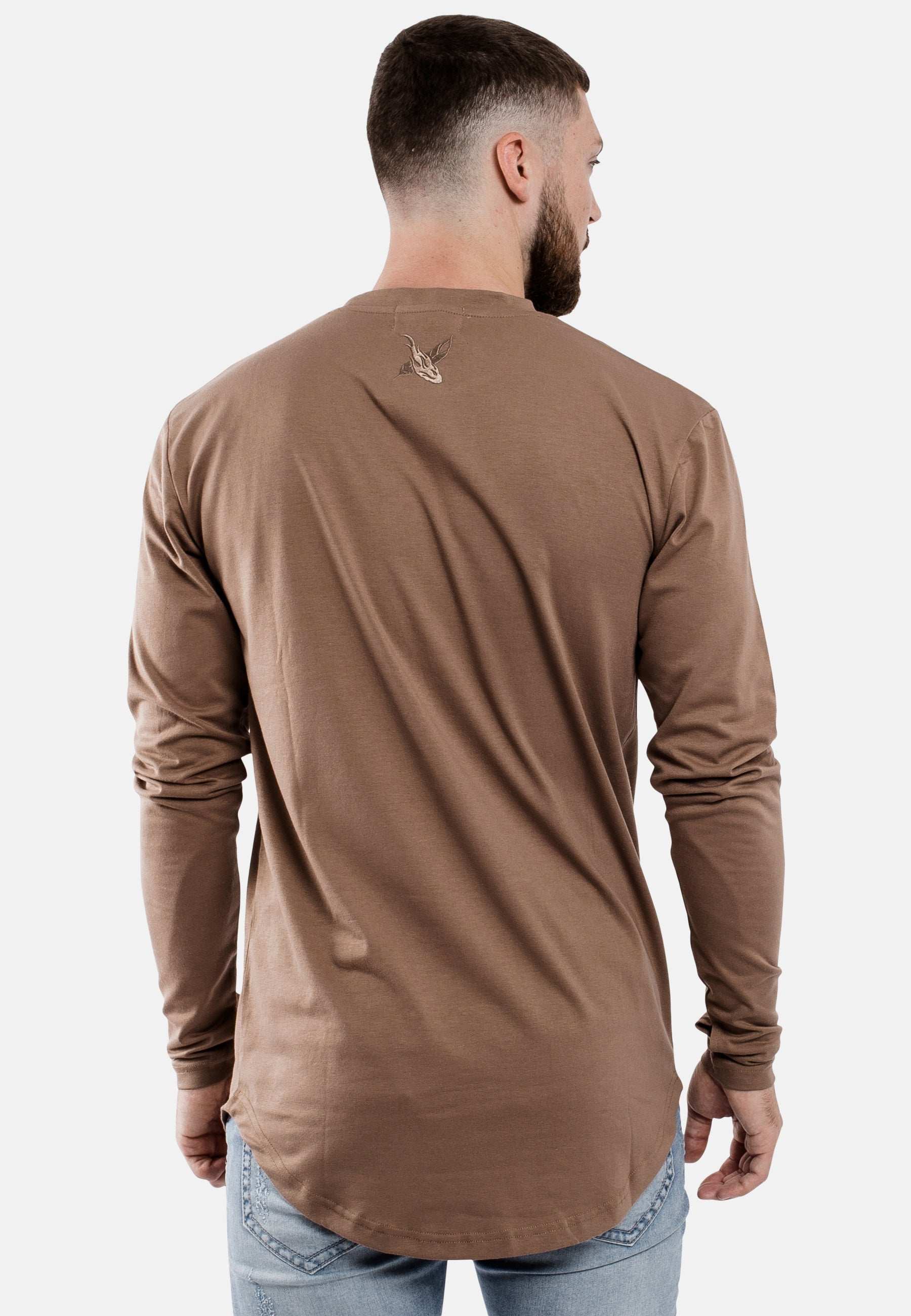 Oversize-Round-Longline-Longsleeve-T-Shirt-Brown-Back