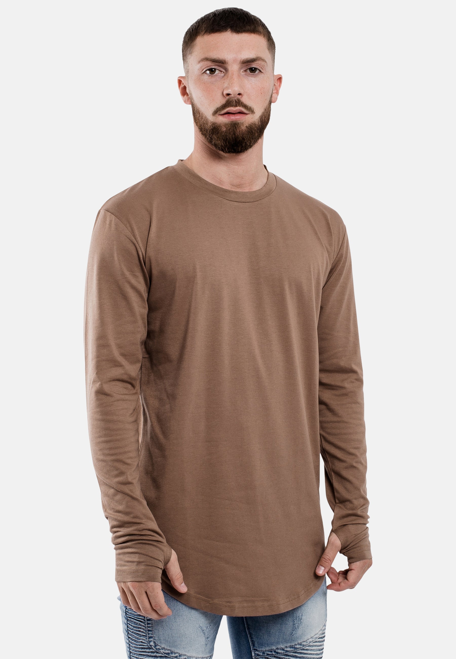 Oversize-Round-Longline-Longsleeve-T-Shirt-Brown-Thumbholes