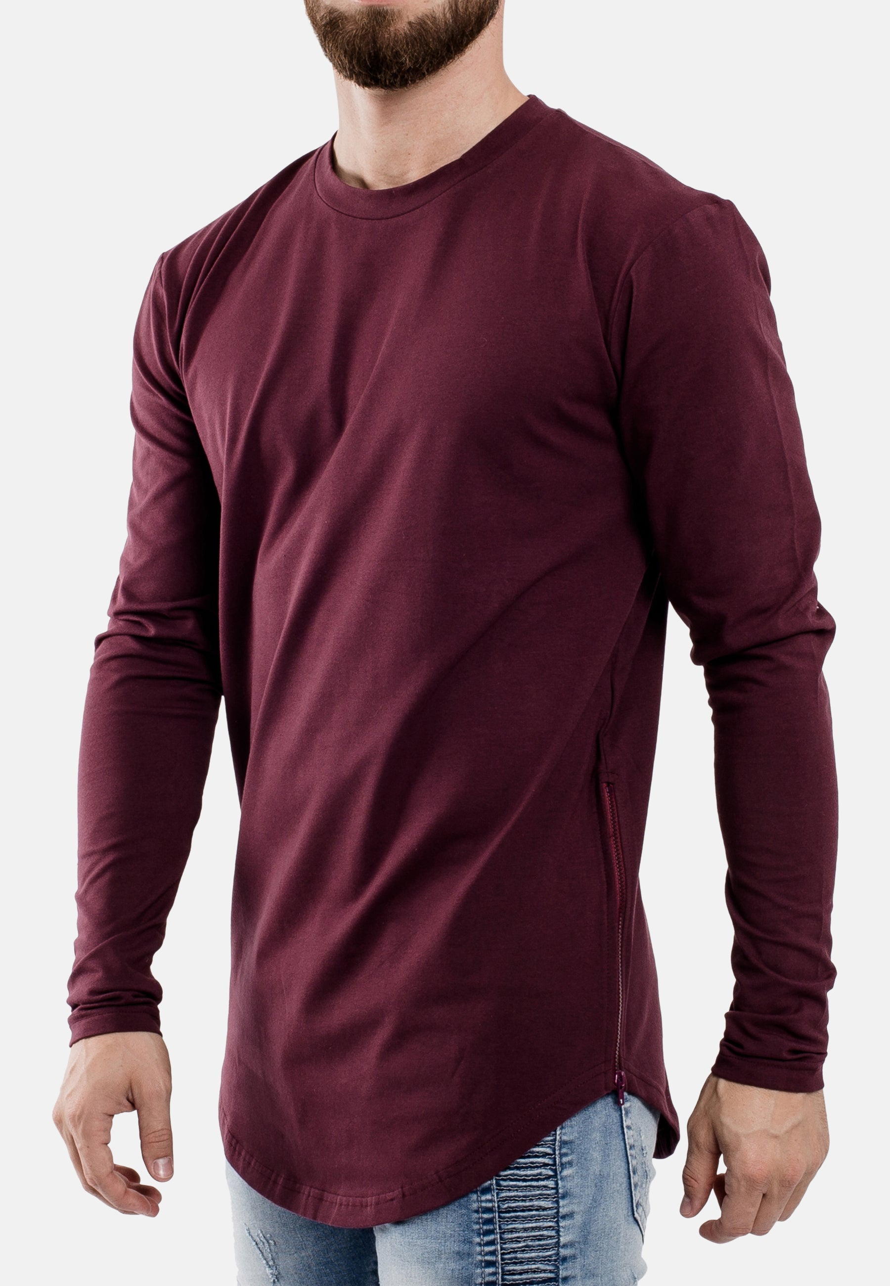Oversize-Side-Zip-Longline-Longsleeve-T-Shirt-Burgundy-Zipper-Detail