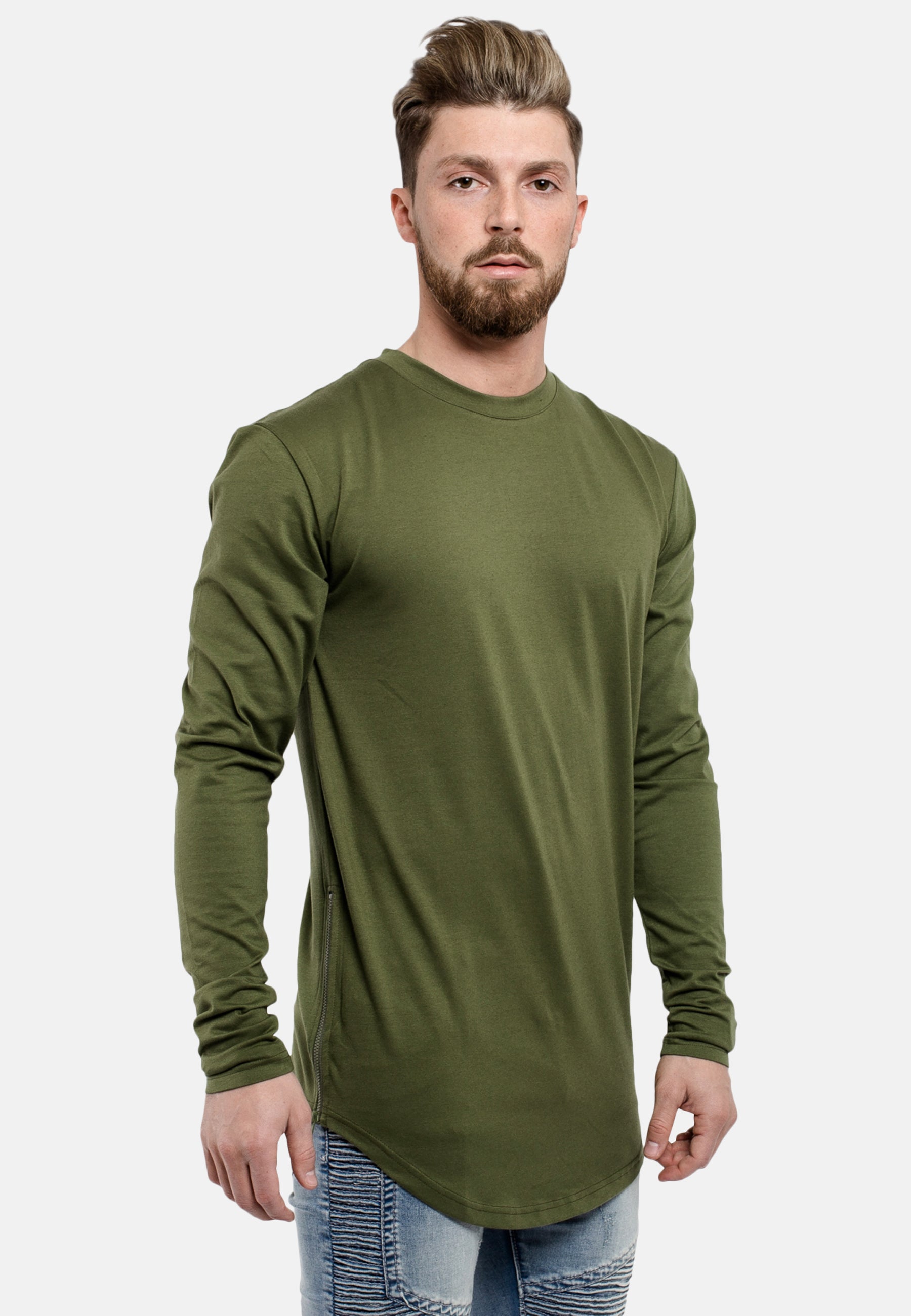Oversized-Side-Zip-Longsleeve-Shirt-Olive-Front